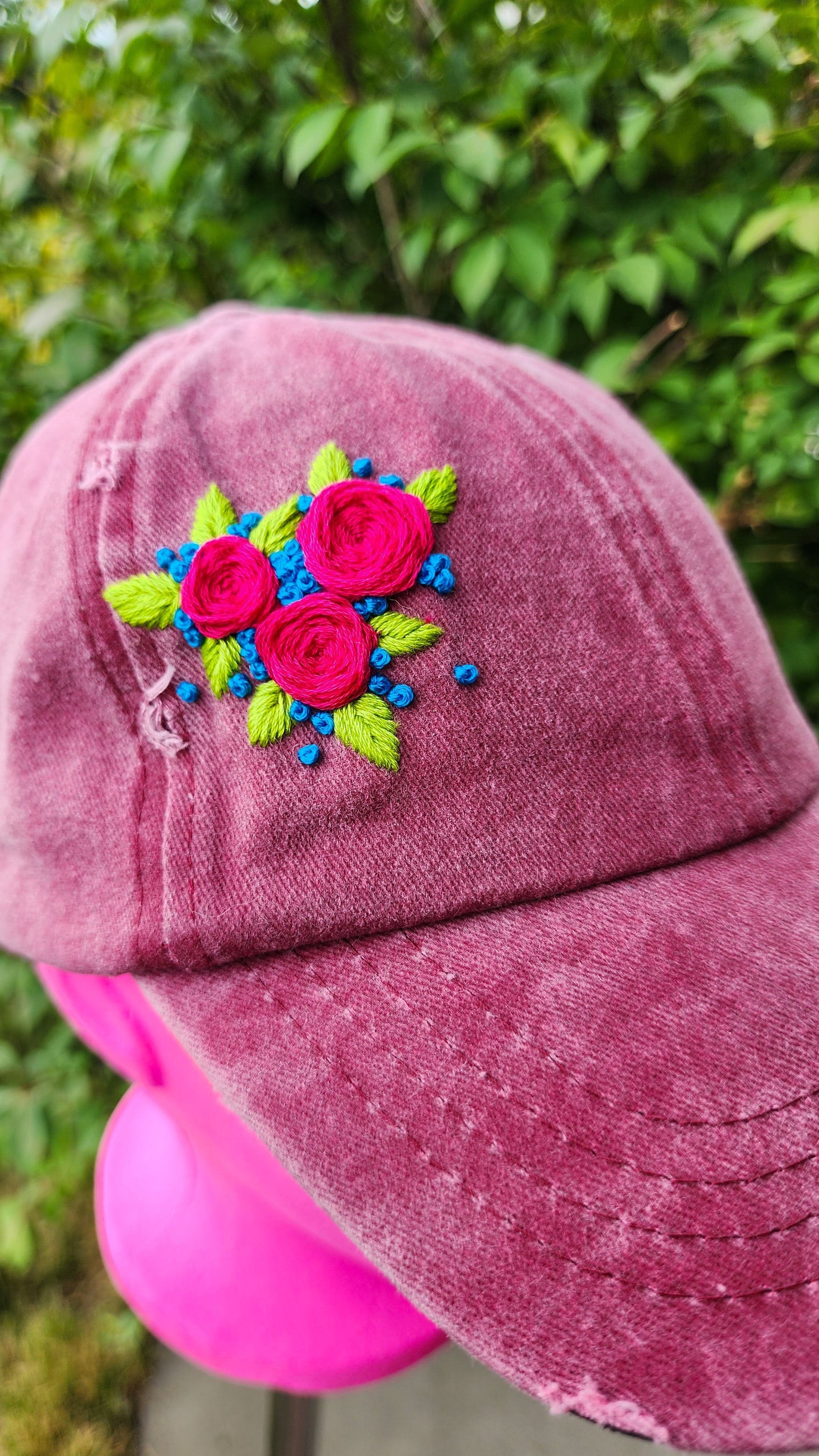 Embrace Embroidery Bright Pink Roses Hand Embroidered Dad Hat