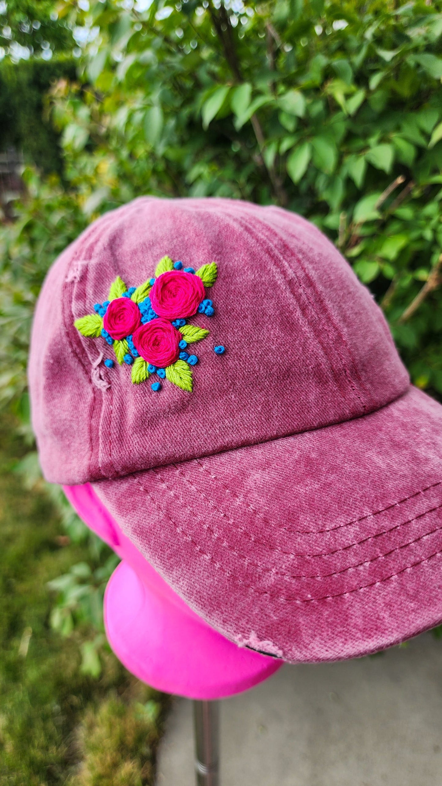 Embrace Embroidery Bright Pink Roses Hand Embroidered Dad Hat