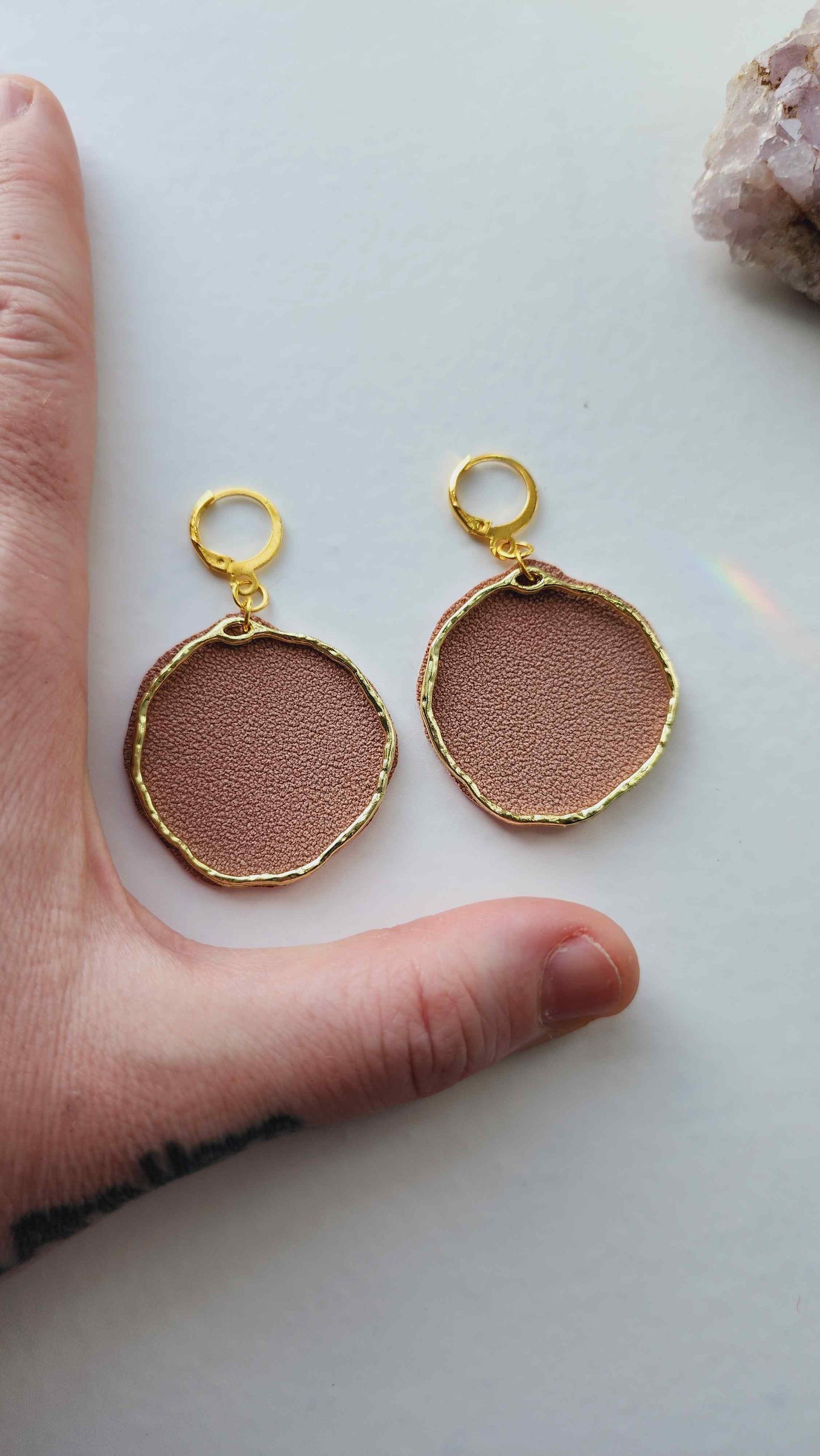 Embrace Embroidery Circle Gold and Sued Dangle Earrings