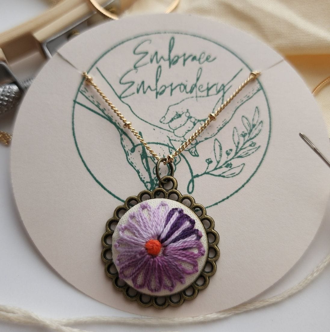 Embrace Embroidery Necklace Embroidered Daisy Pendant