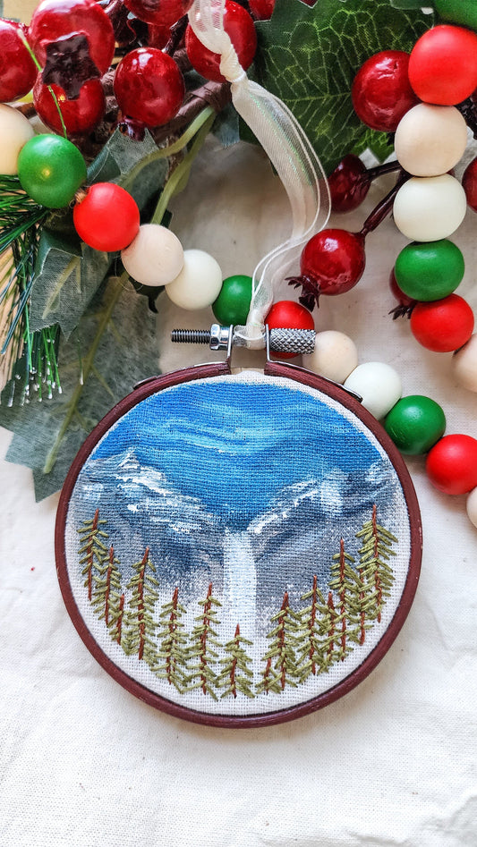 Embrace Embroidery Embroidered Holiday Ornament - Hand Painted Mountain Scene