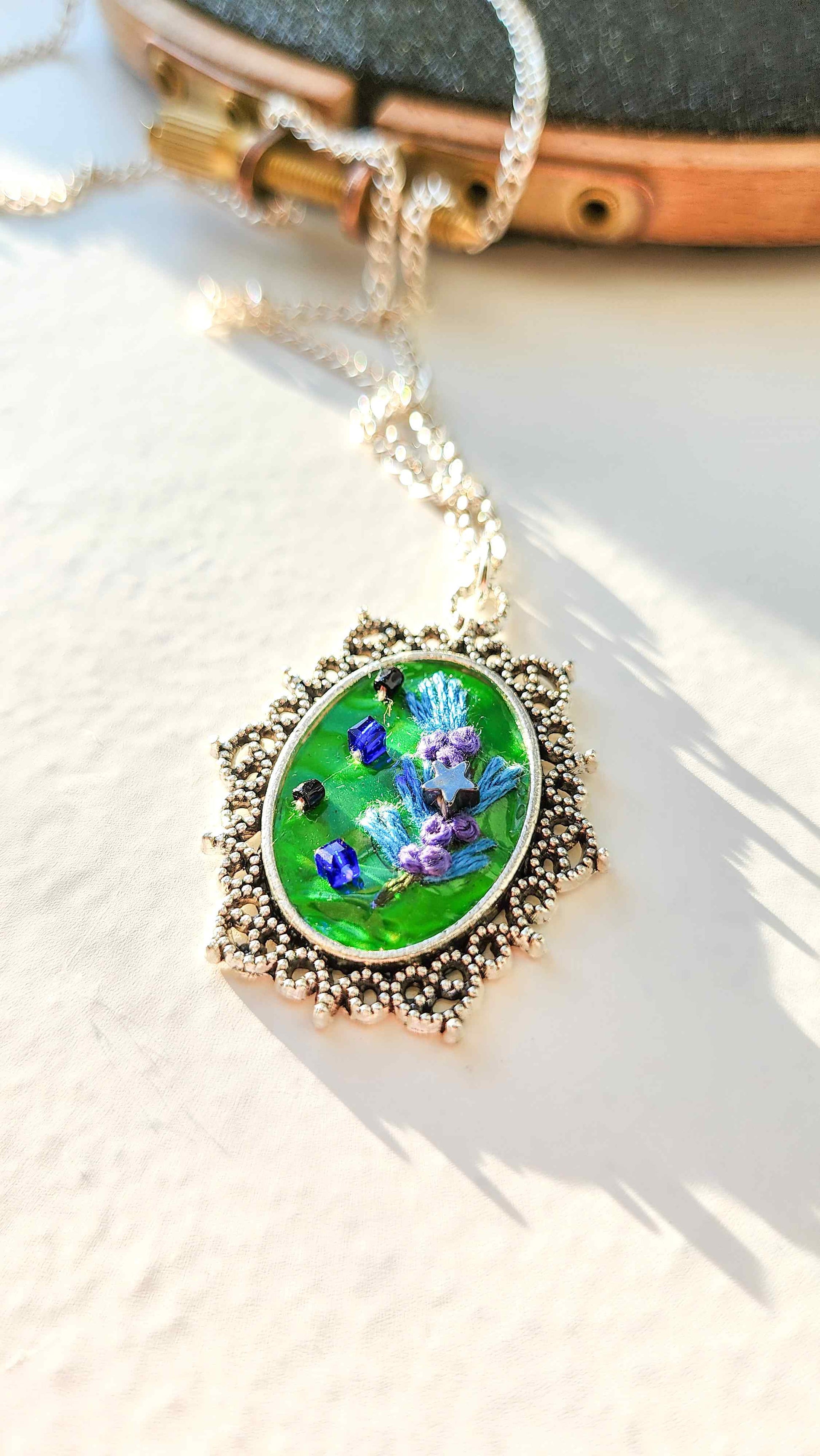Embrace Embroidery Embroidered Necklace Hand Embroidered Abstract Floral Pendant