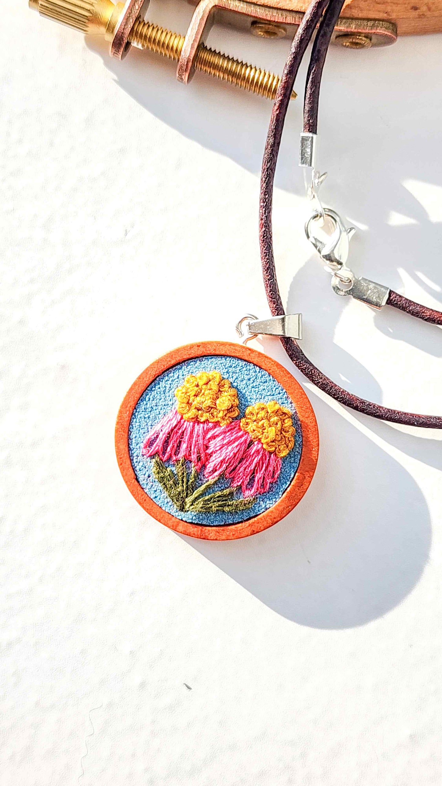 Embrace Embroidery Embroidered Necklace Hand Embroidered Aster Floral Pendant