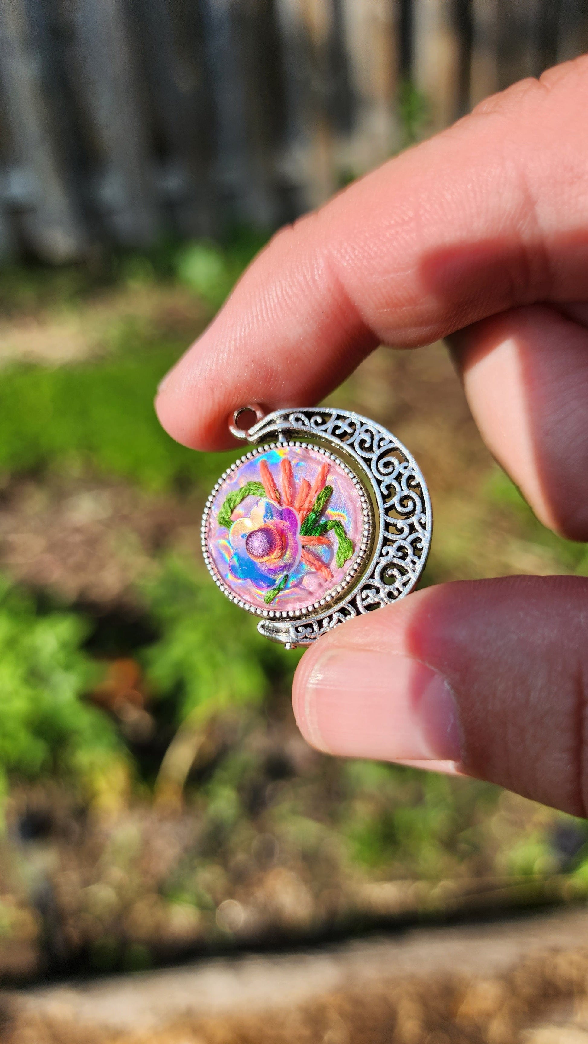 Embrace Embroidery Embroidered Necklace Hand Embroidered Double Sided Spinning Pendant