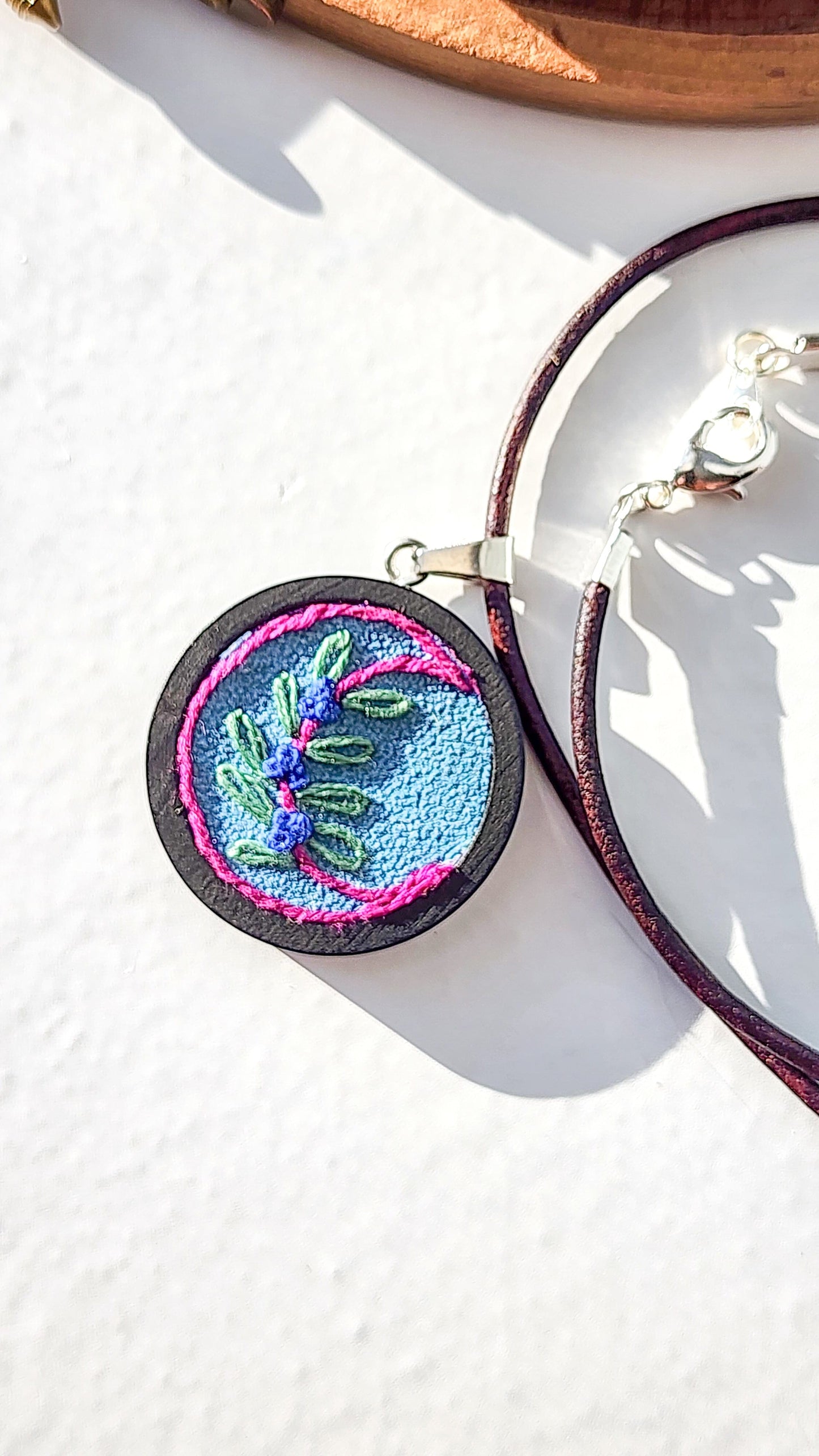 Embrace Embroidery Embroidered Necklace Hand Embroidered Floral Moon Pendant