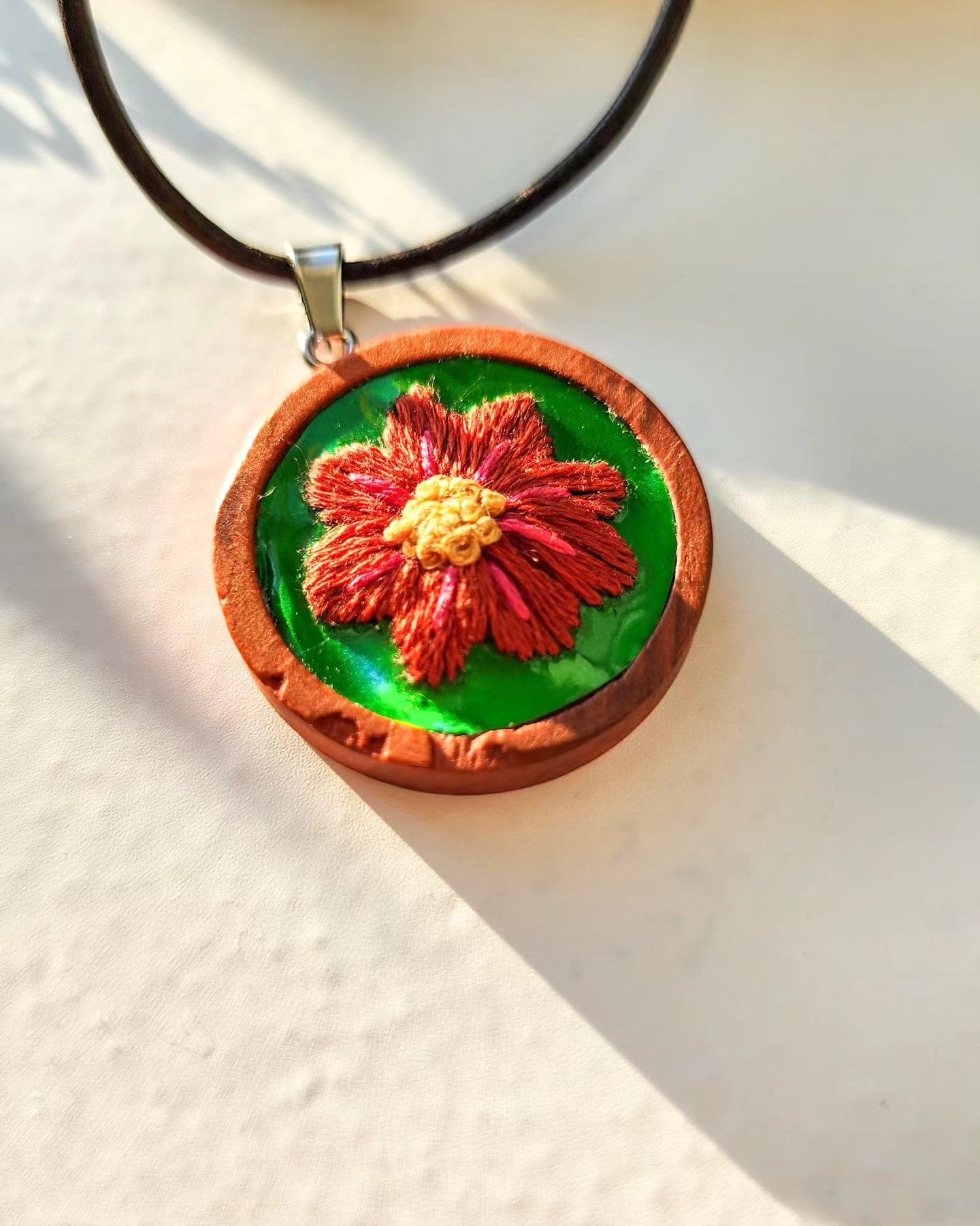 Embrace Embroidery Embroidered Necklace Hand Embroidered Floral Wooden Pendant