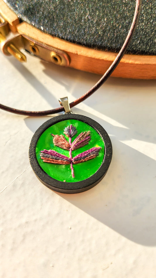 Embrace Embroidery Embroidered Necklace Hand Embroidered Leaf Wooden Pendant