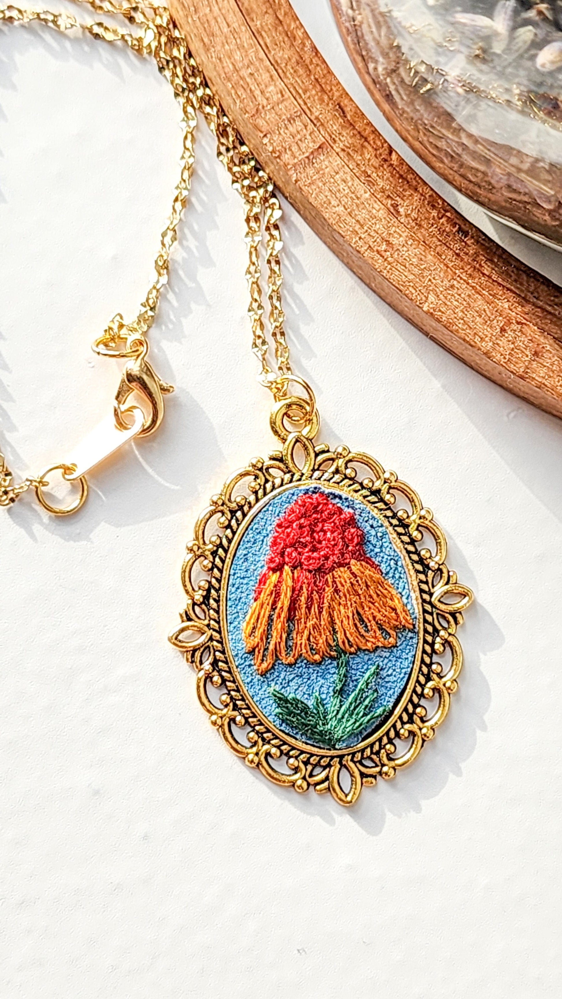 Embrace Embroidery Embroidered Necklace Hand Embroidered Orange Aster Pendant
