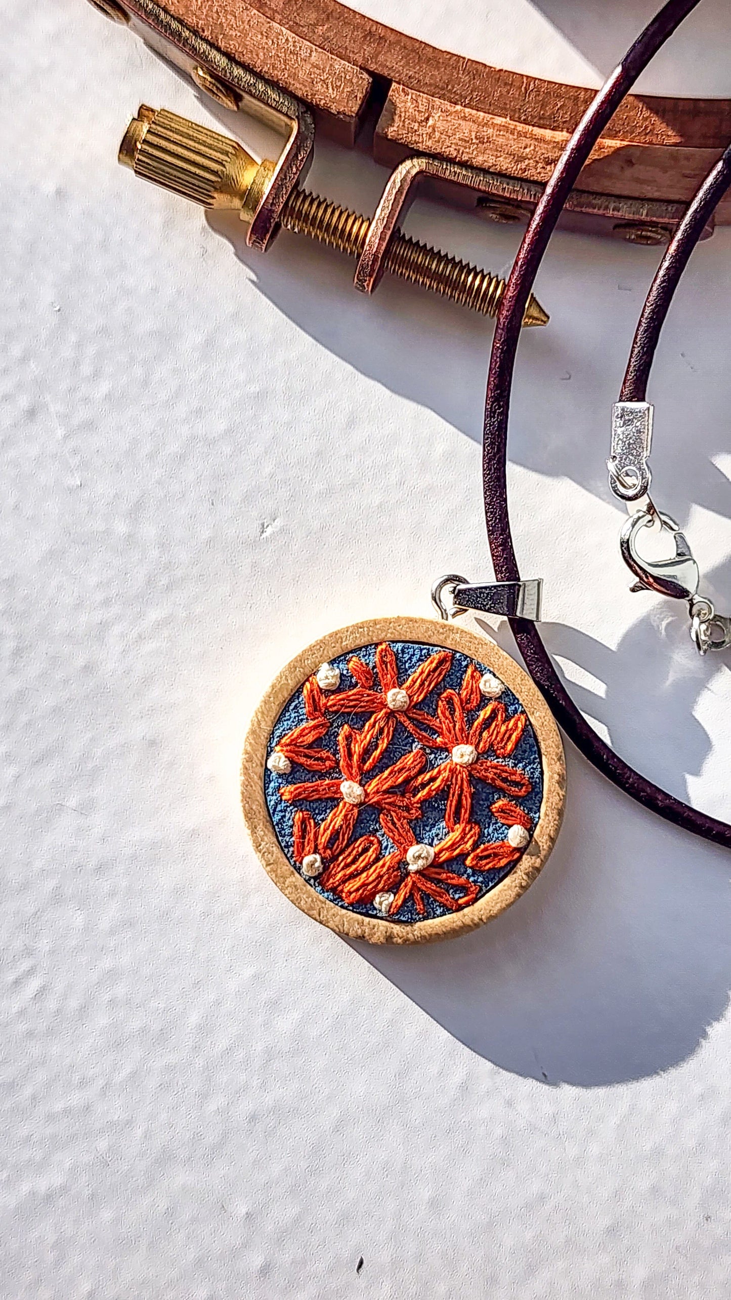 Embrace Embroidery Embroidered Necklace Hand Embroidered Orange Floral Pendant
