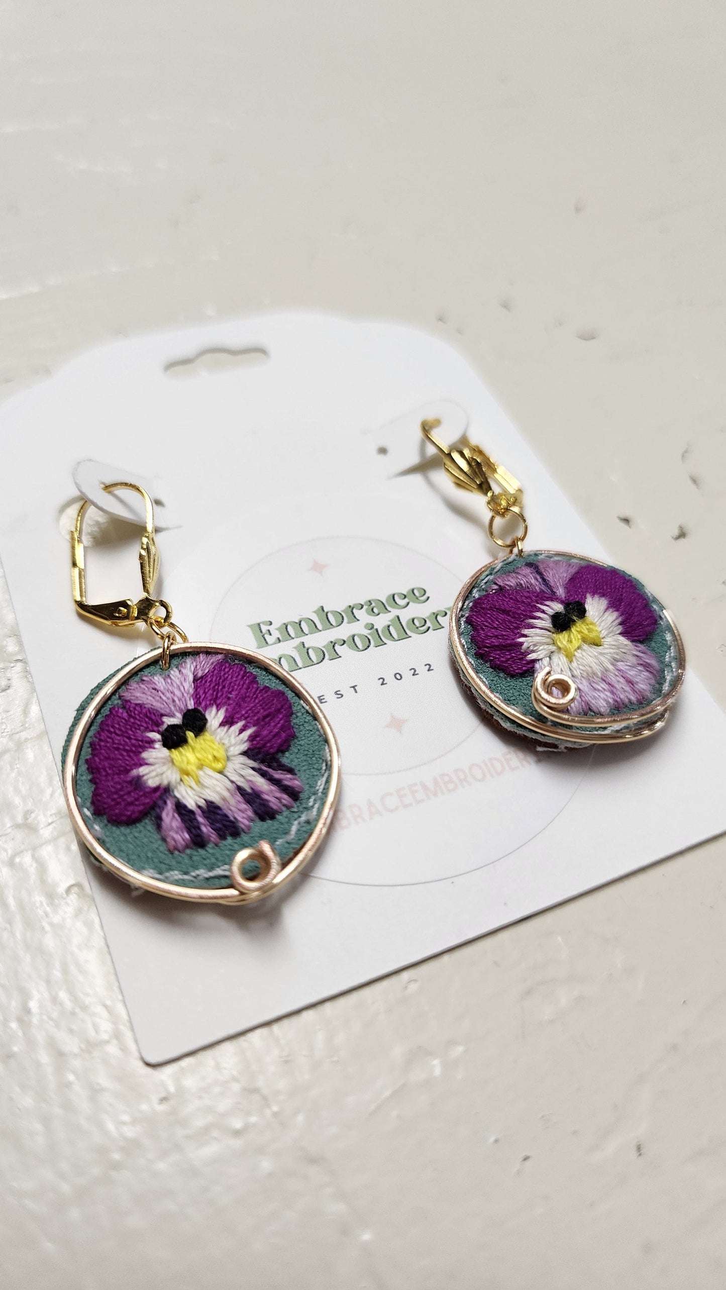 Embrace Embroidery Hand Embroidered Pansies Gold and Sued Dangle Earrings