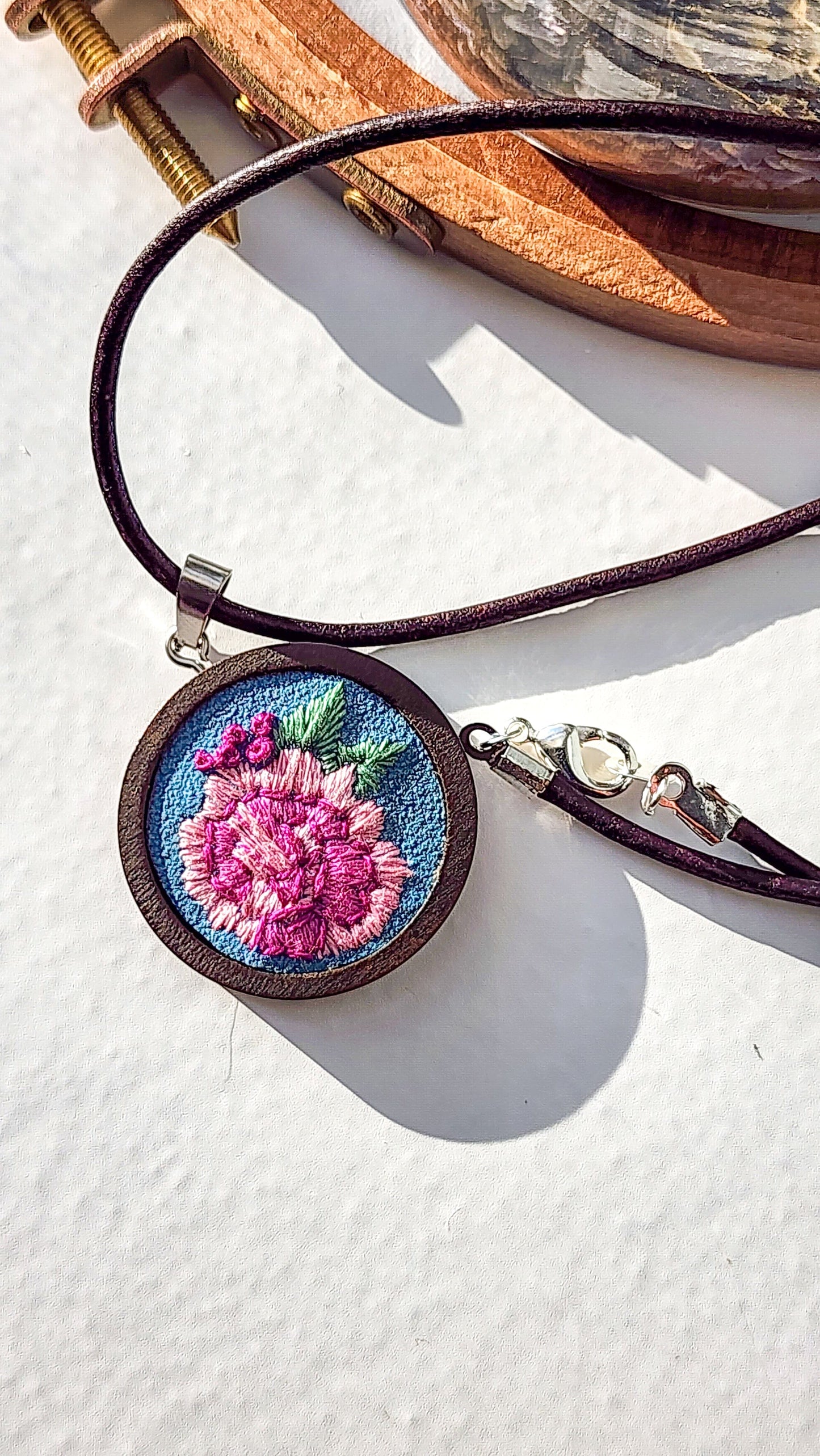 Embrace Embroidery Embroidered Necklace Hand Embroidered Peony Pendant