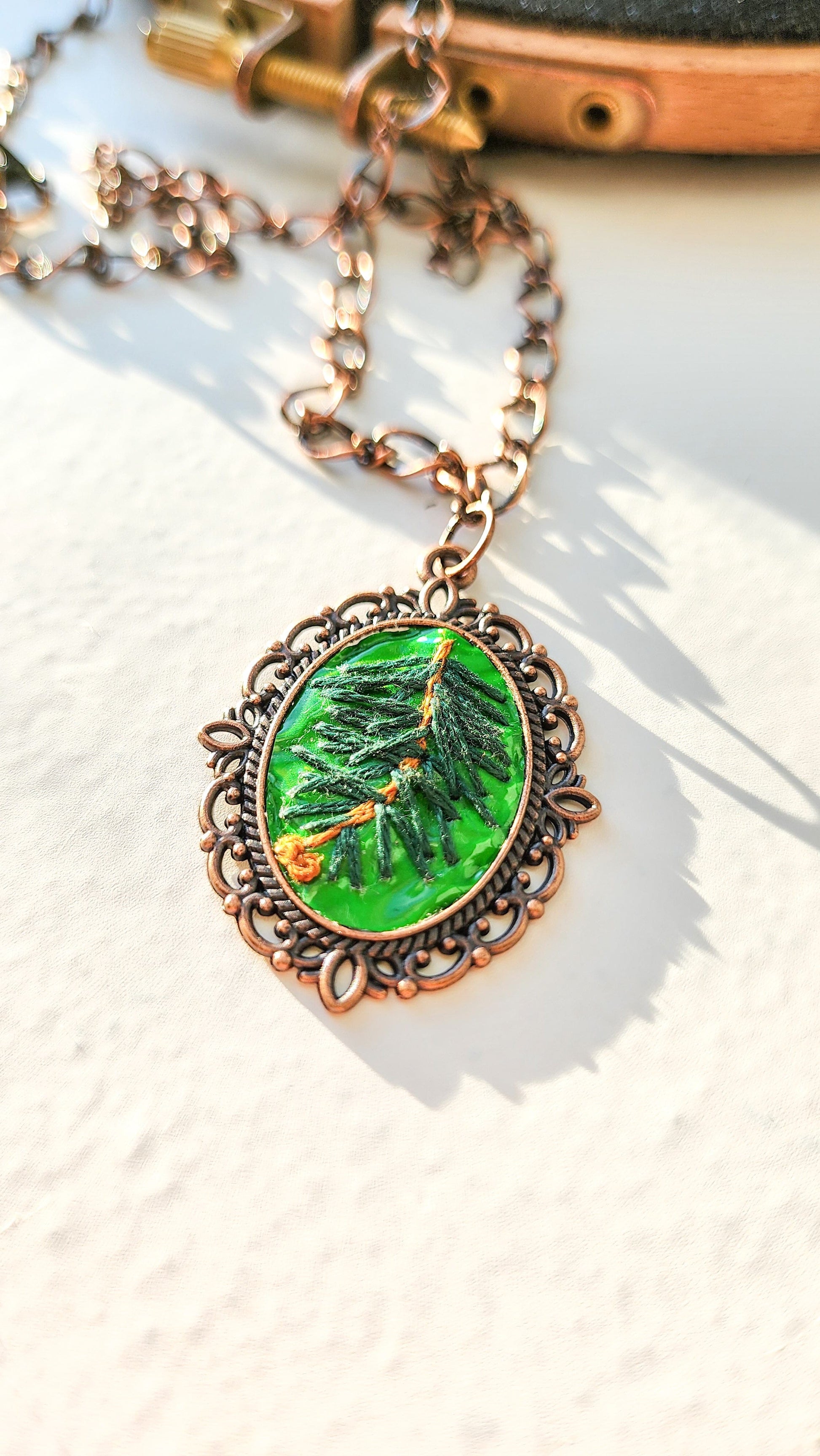 Embrace Embroidery Embroidered Necklace Hand Embroidered pine bough