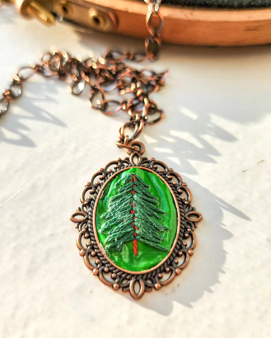 Embrace Embroidery Embroidered Necklace Hand Embroidered Pine Tree Pendant