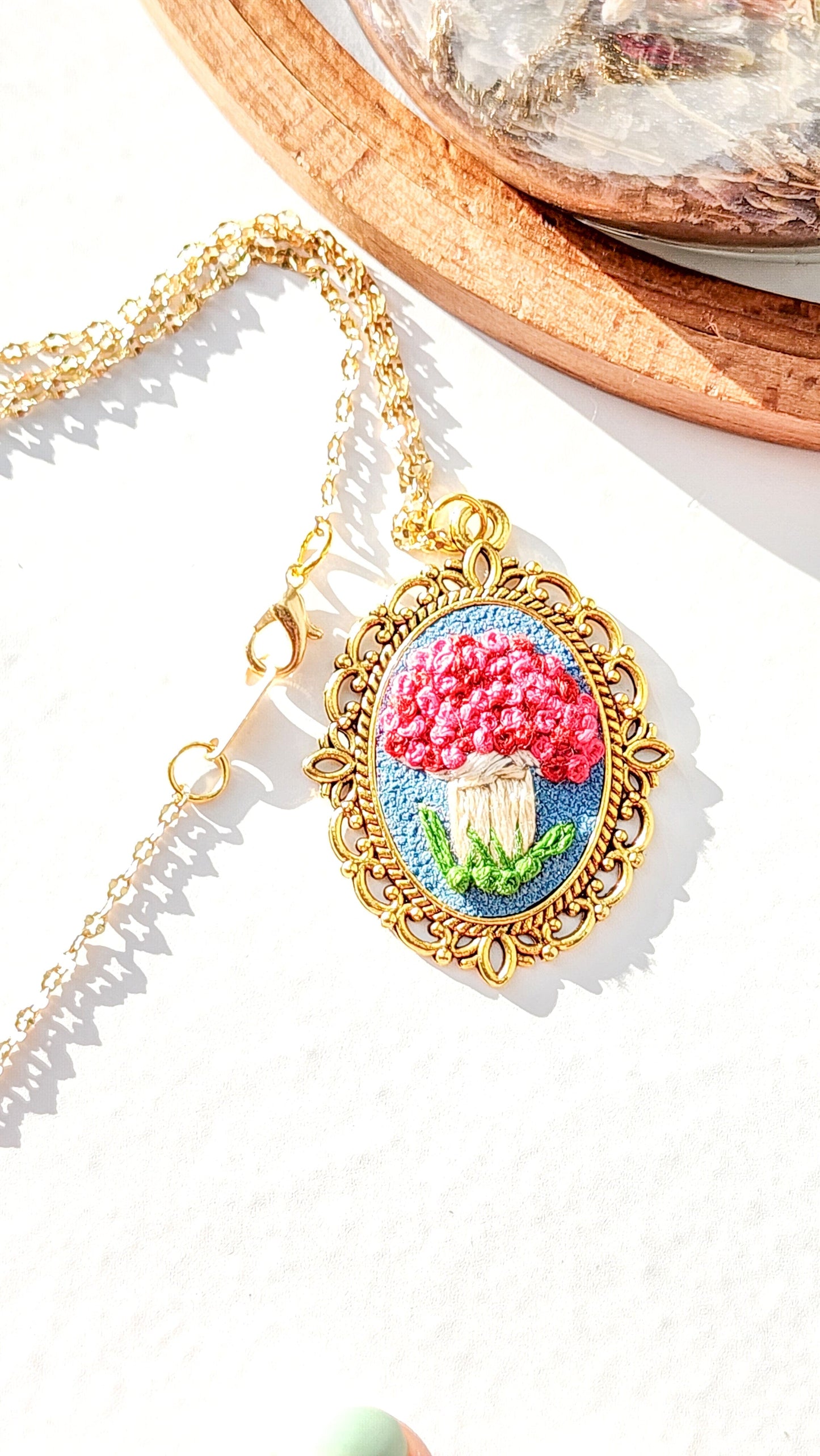 Embrace Embroidery Embroidered Necklace Hand Embroidered Pink Mushroom Pendant