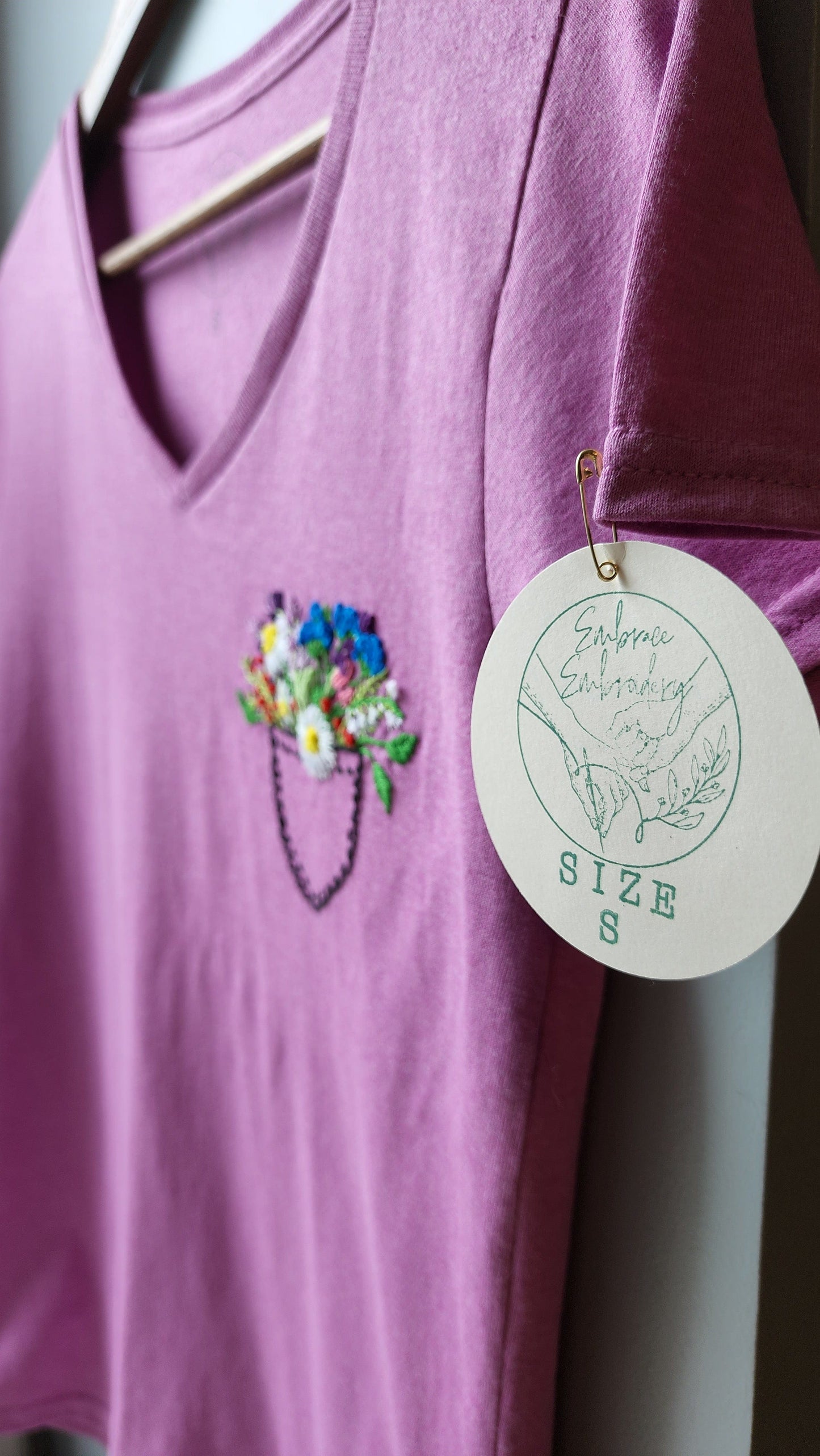 Embrace Embroidery Hand Embroidered T-Shirt Hand Embroidered Pocket Full of Wild Flowers