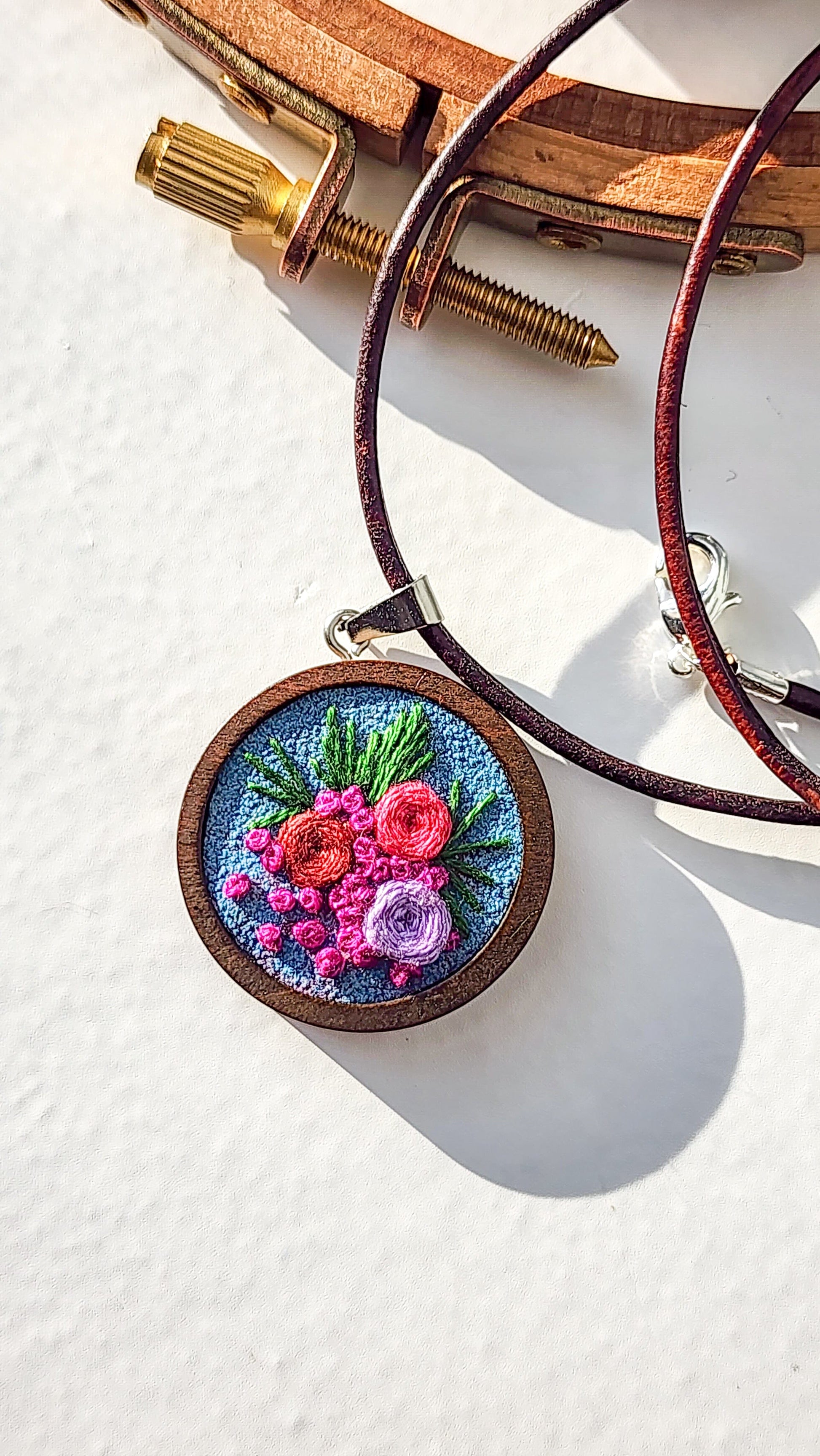 Embrace Embroidery Embroidered Necklace Hand Embroidered Rose Pendant