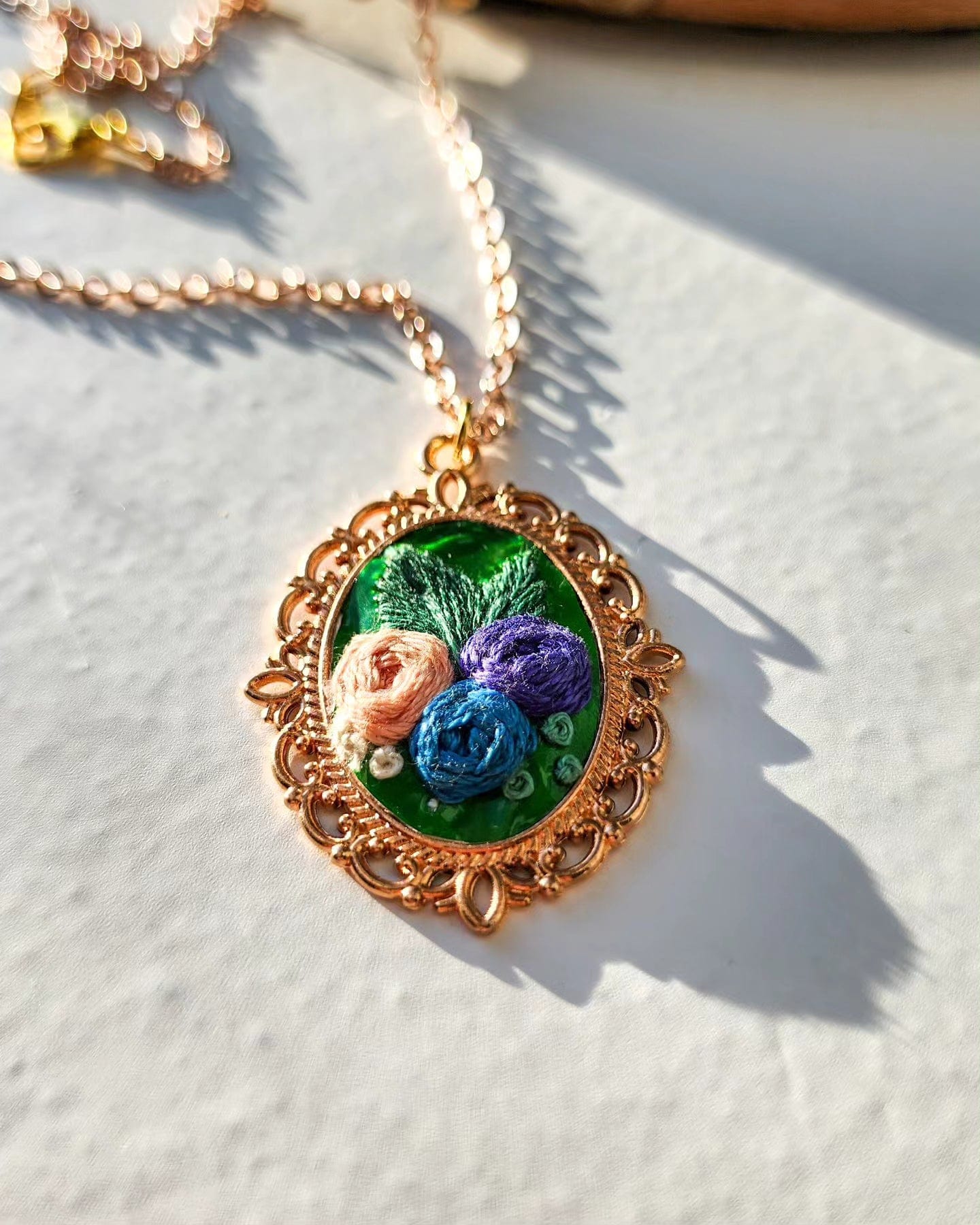 Embrace Embroidery Embroidered Necklace Hand Embroidered Roses Pendant