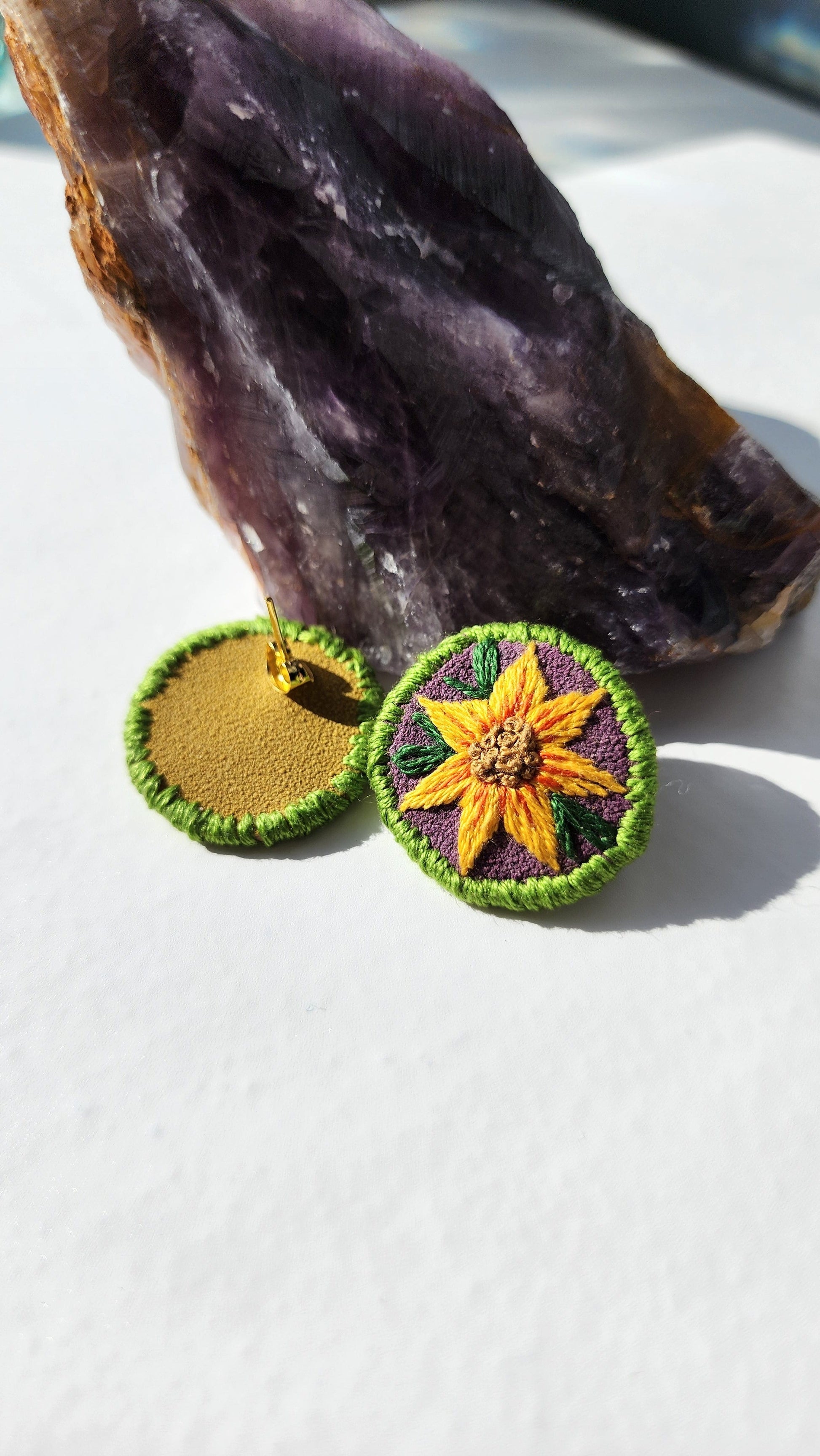Embrace Embroidery Hand Embroidered Sunflower  Earrings