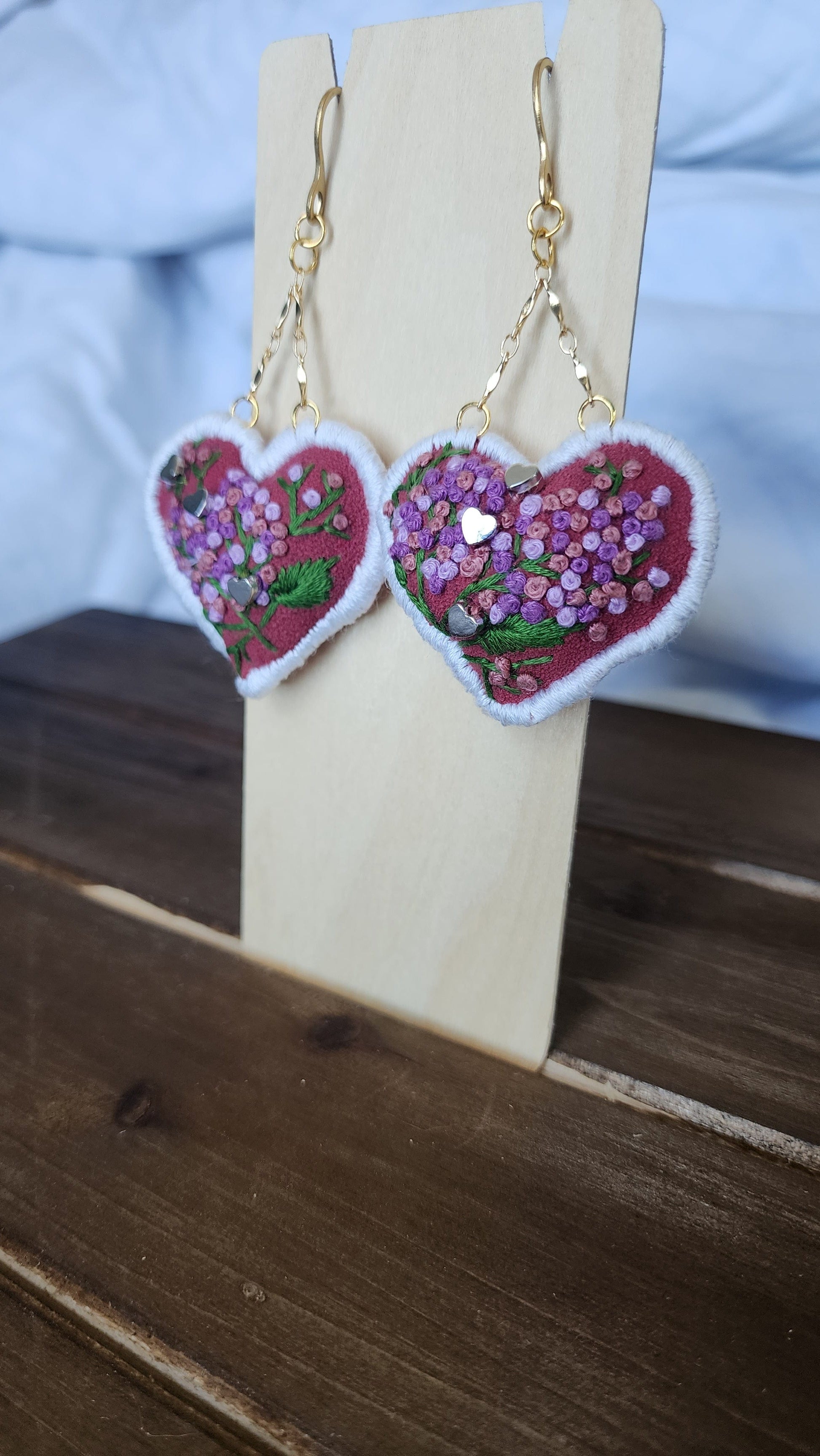 Embrace Embroidery Earrings Lilac Hand Embroidered Heart