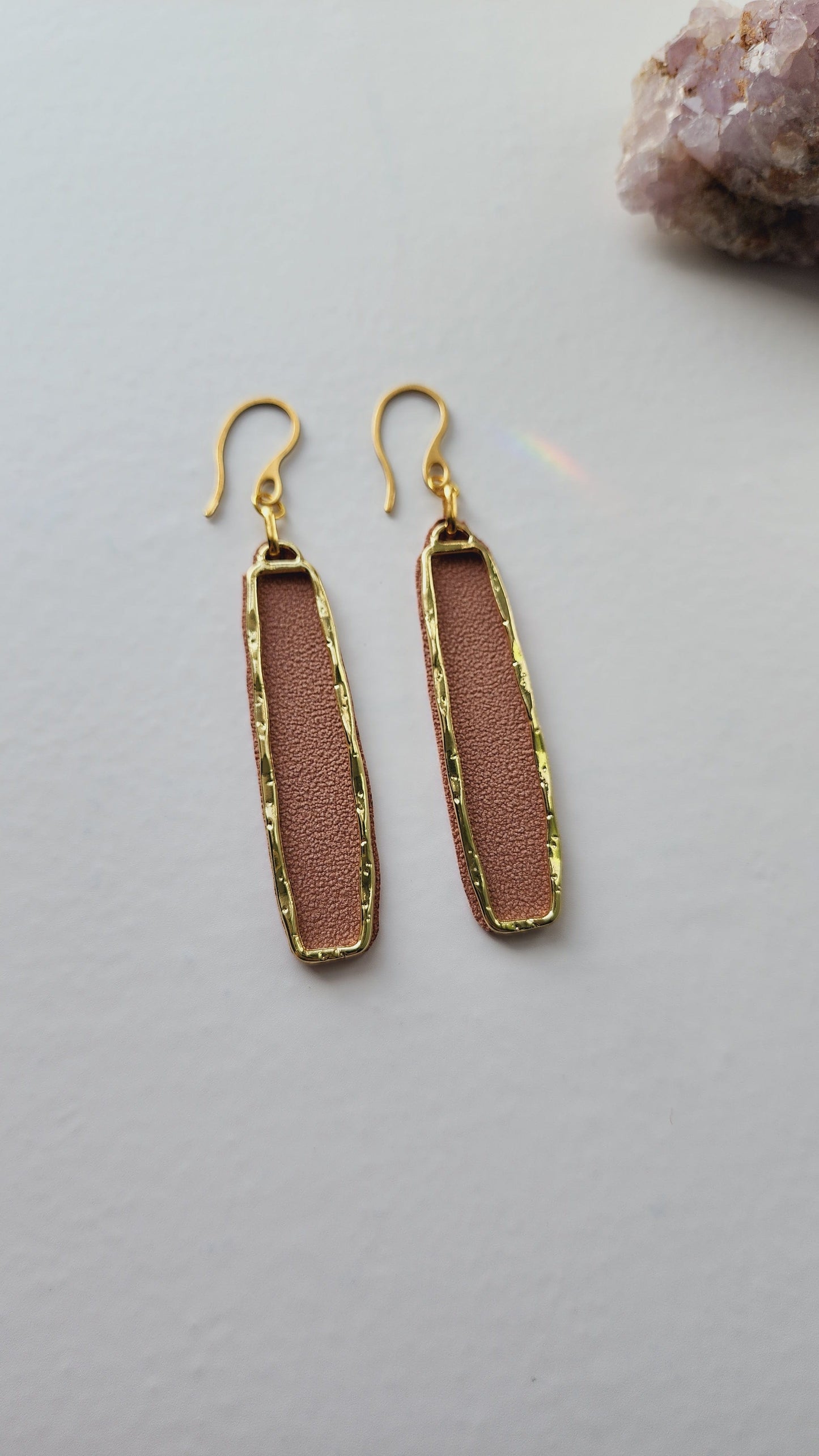 Embrace Embroidery Long Rectangle Gold and Sued Dangle Earrings