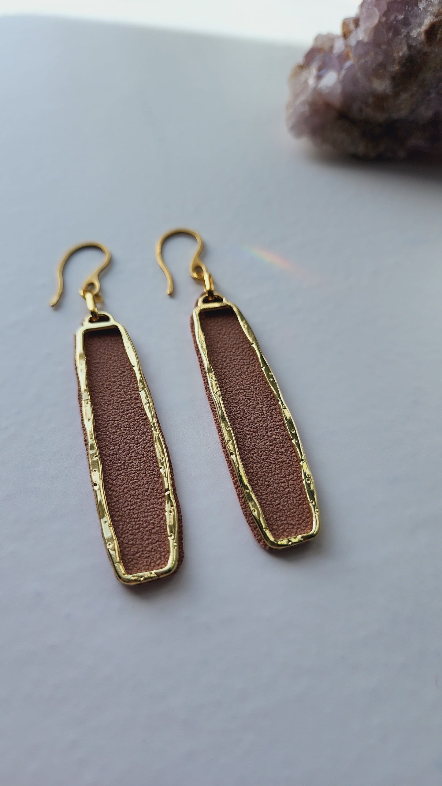 Embrace Embroidery Long Rectangle Gold and Sued Dangle Earrings