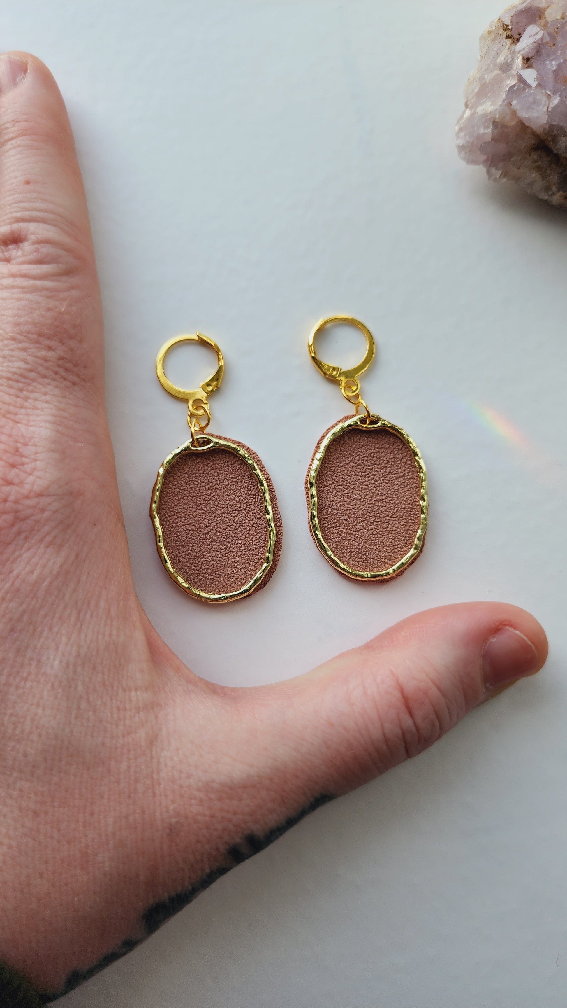 Embrace Embroidery Oval Gold and Sued Dangle Earrings
