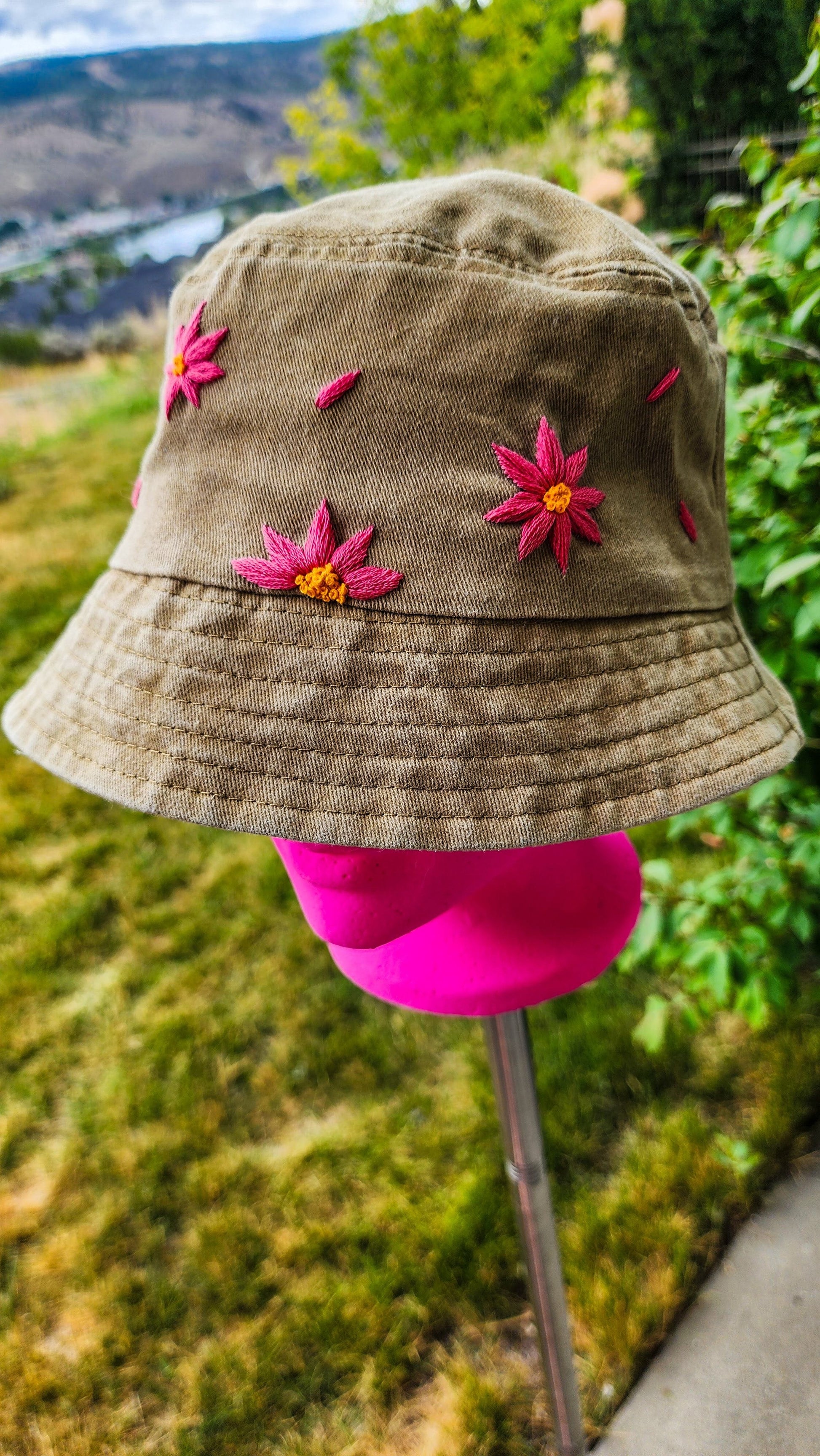 Embrace Embroidery Pink Aster Flower Hand Embroidered Bucket Hat