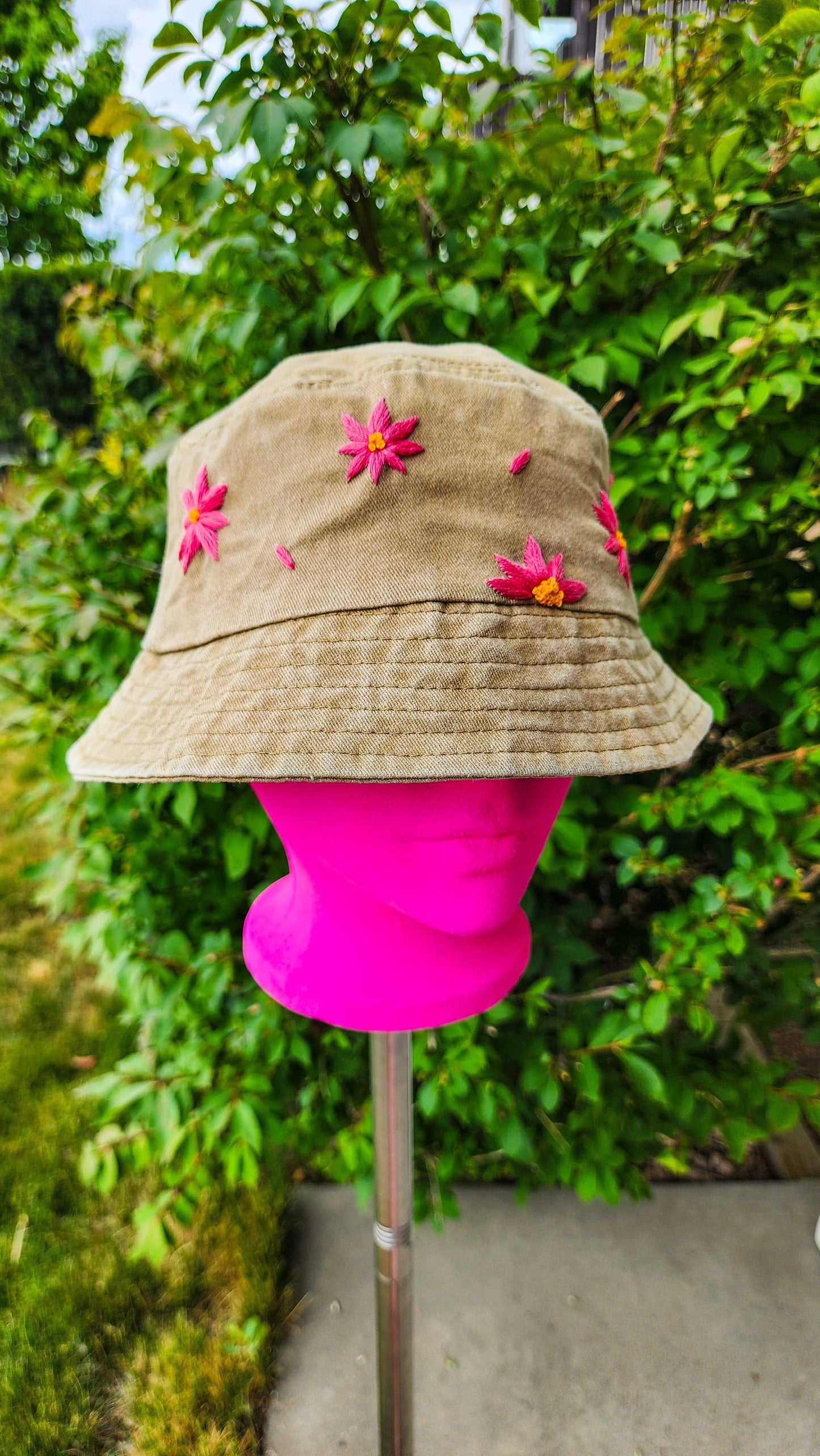 Embrace Embroidery Pink Aster Flower Hand Embroidered Bucket Hat