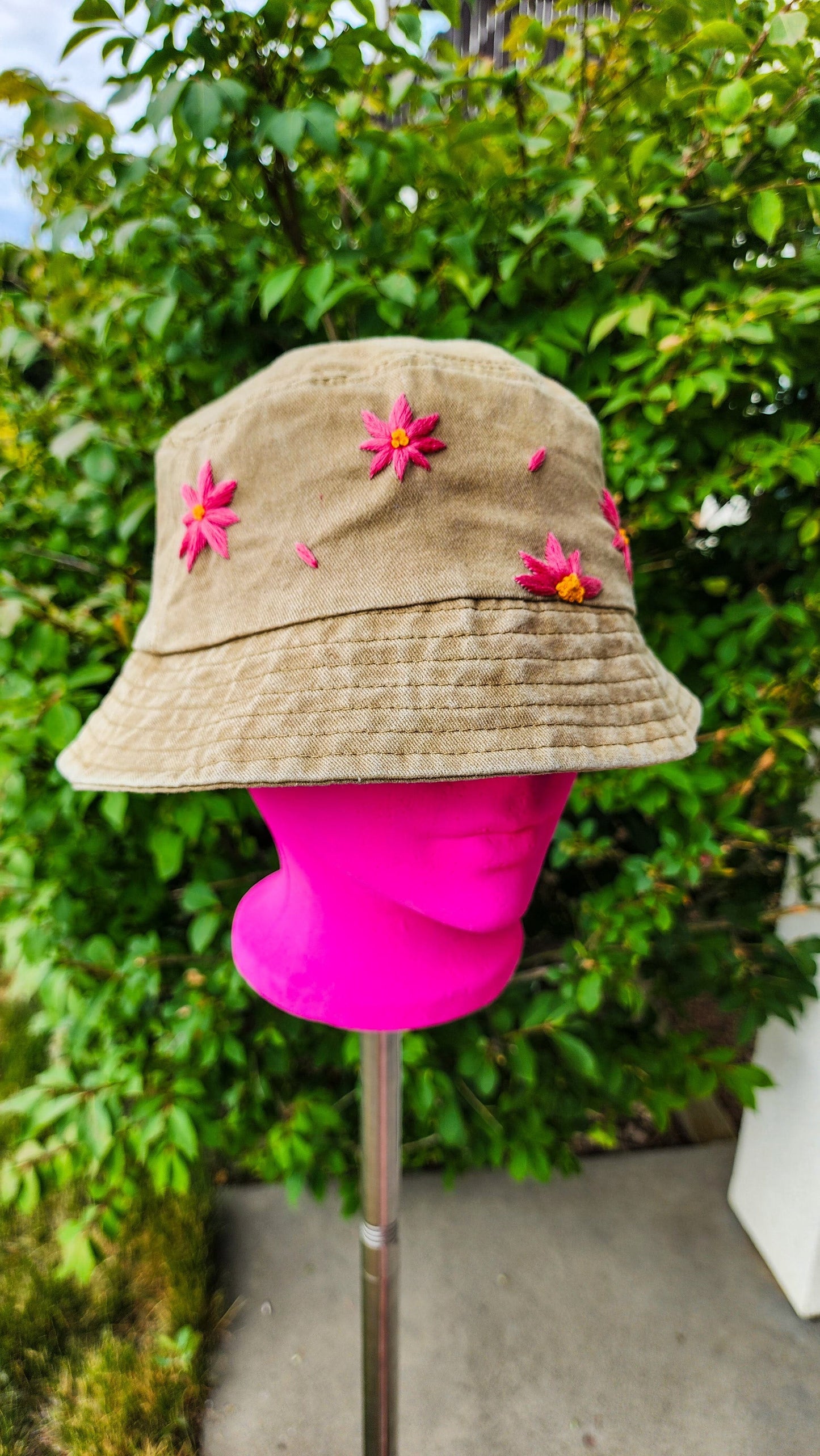 Embrace Embroidery Pink Aster Flower Hand Embroidered Bucket Hat