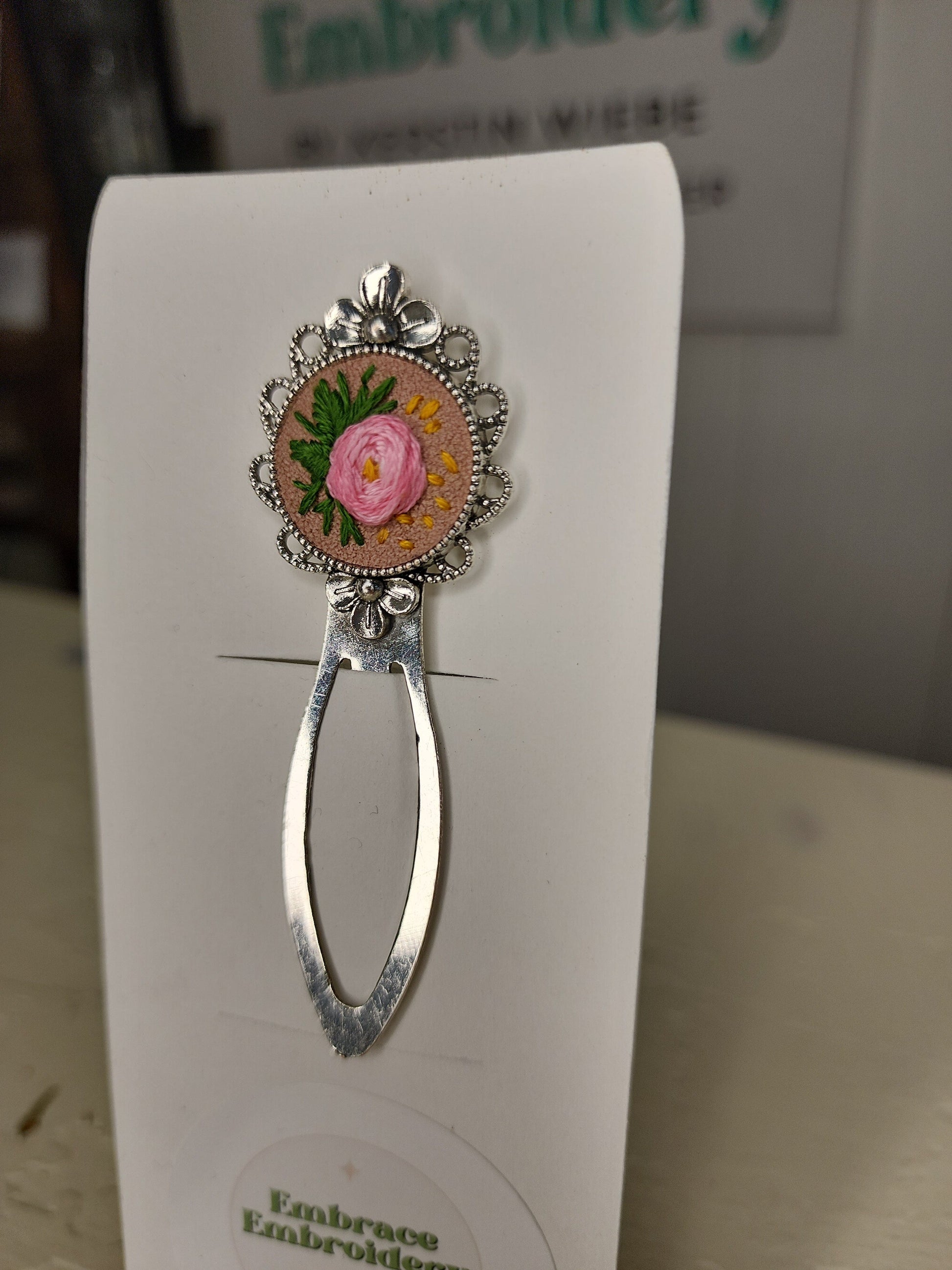 Embrace Embroidery Pink Bloom Bookmark