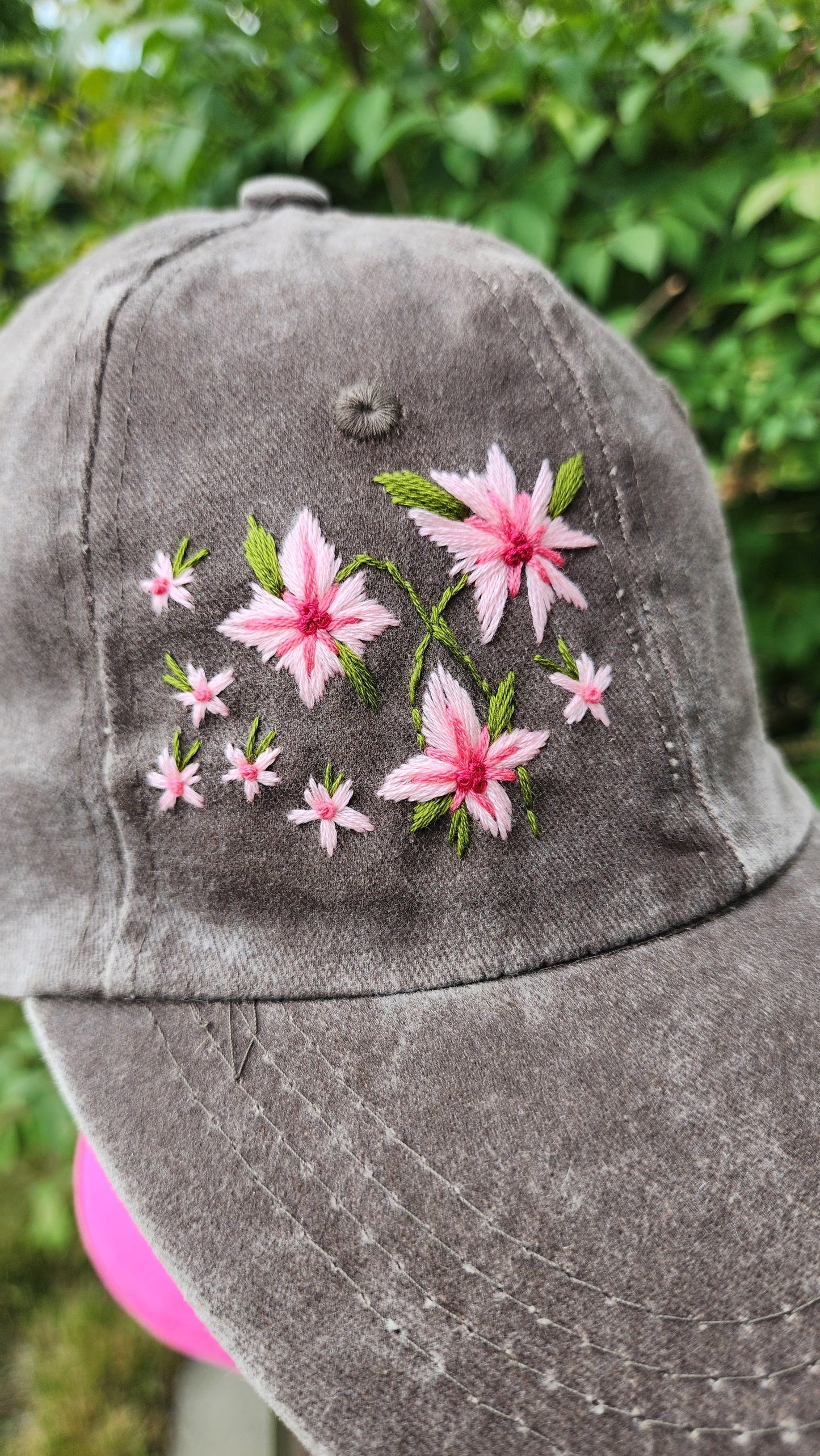 Embrace Embroidery Pink Wild Flowers Hand Embroidered Dad Hat