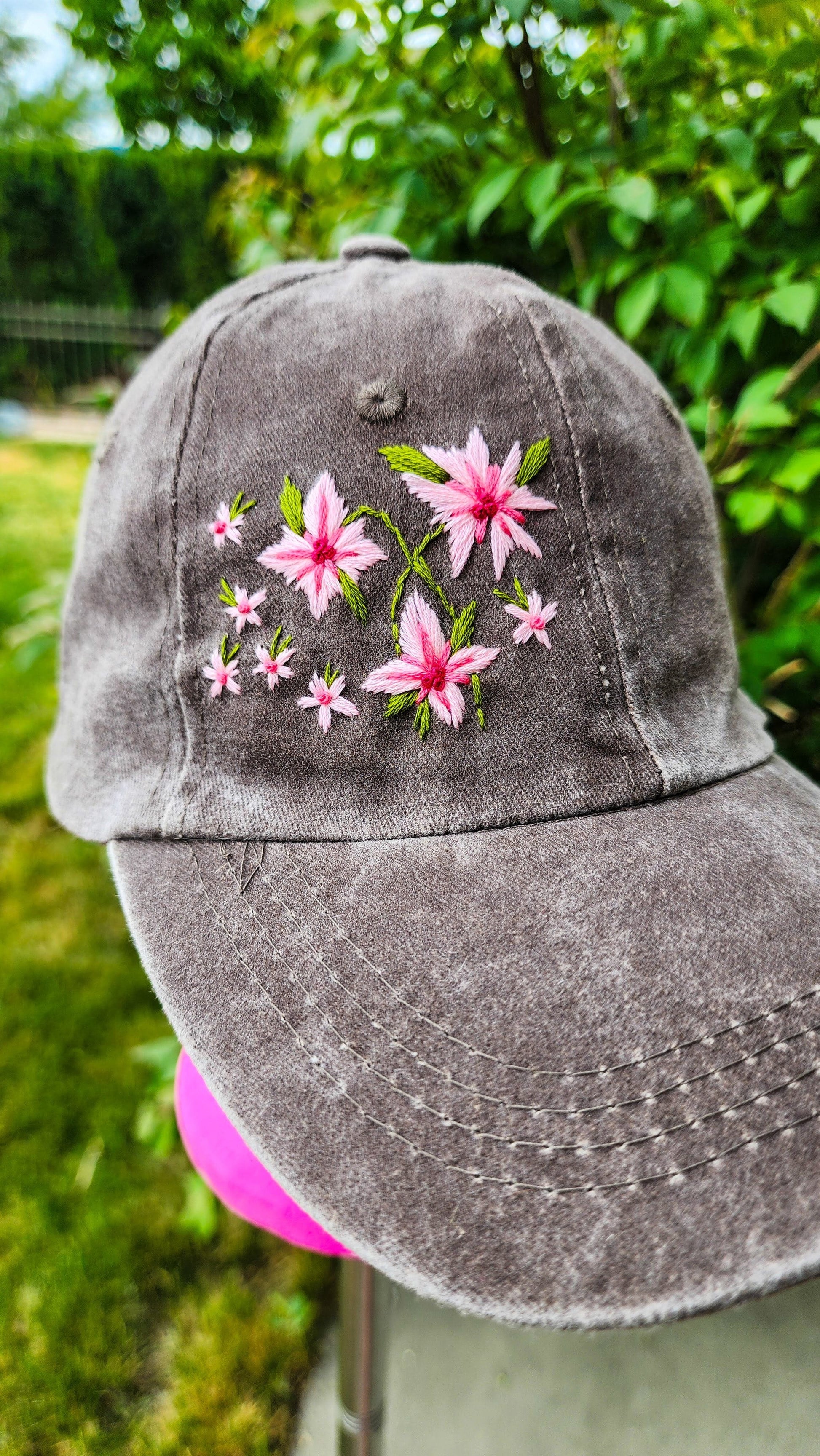 Embrace Embroidery Pink Wild Flowers Hand Embroidered Dad Hat