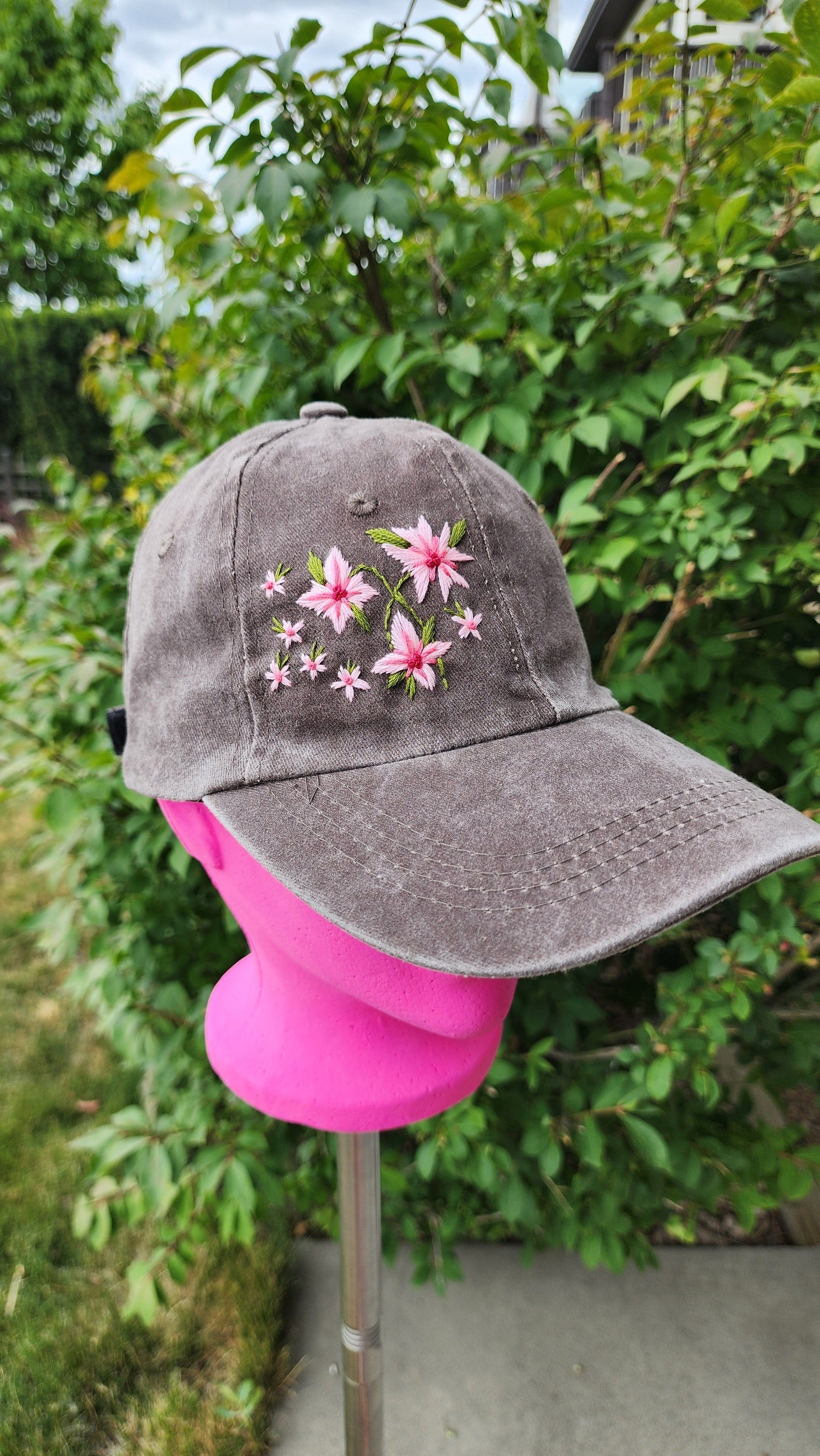 Embrace Embroidery Pink Wild Flowers Hand Embroidered Dad Hat