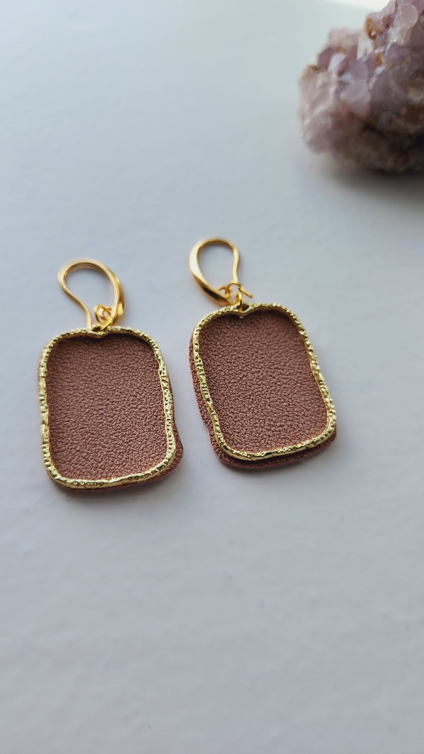 Embrace Embroidery Rectangle Gold and Sued Dangle Earrings
