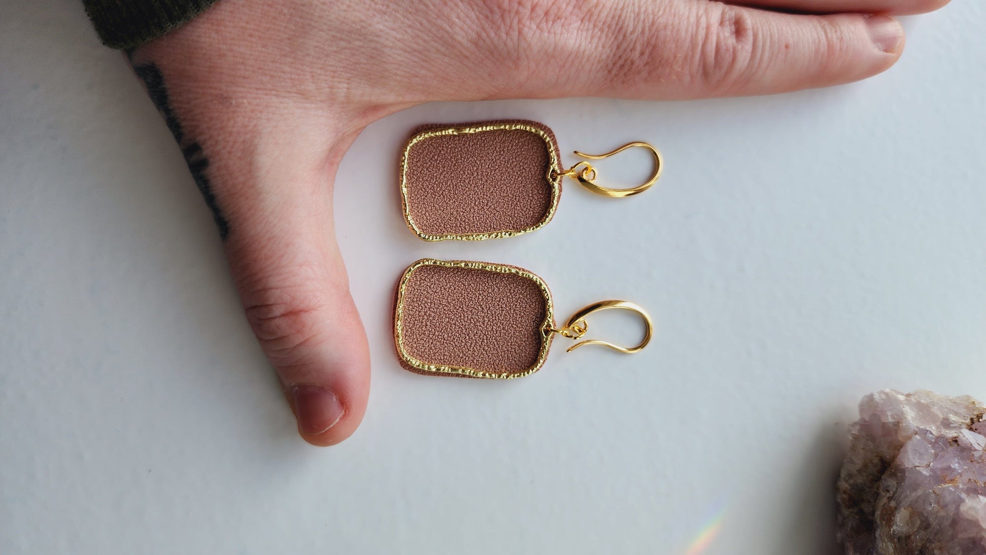 Embrace Embroidery Rectangle Gold and Sued Dangle Earrings