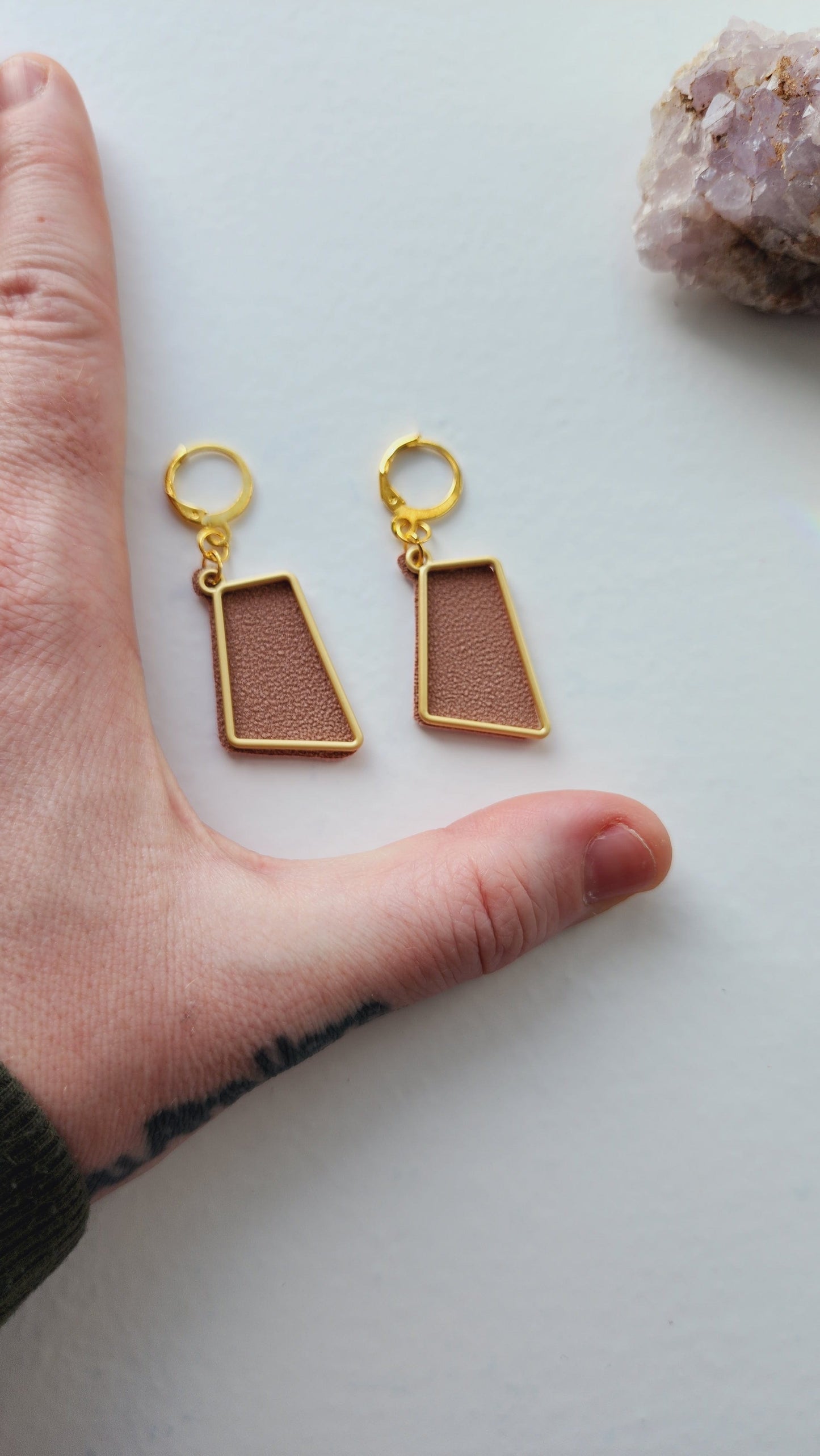 Embrace Embroidery Trapizoid Gold and Sued Dangle Earrings