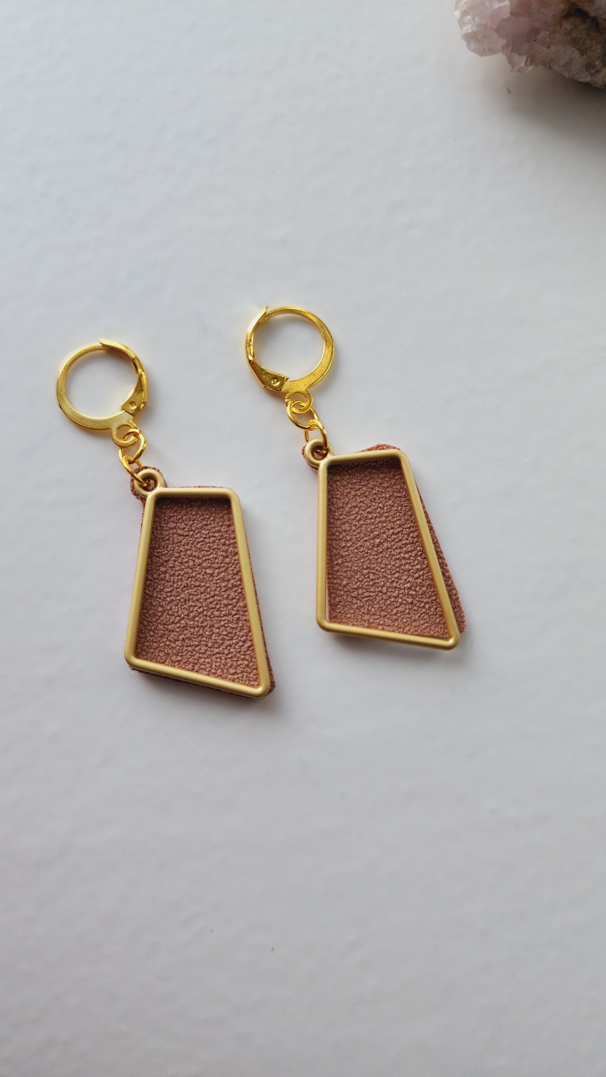 Embrace Embroidery Trapizoid Gold and Sued Dangle Earrings