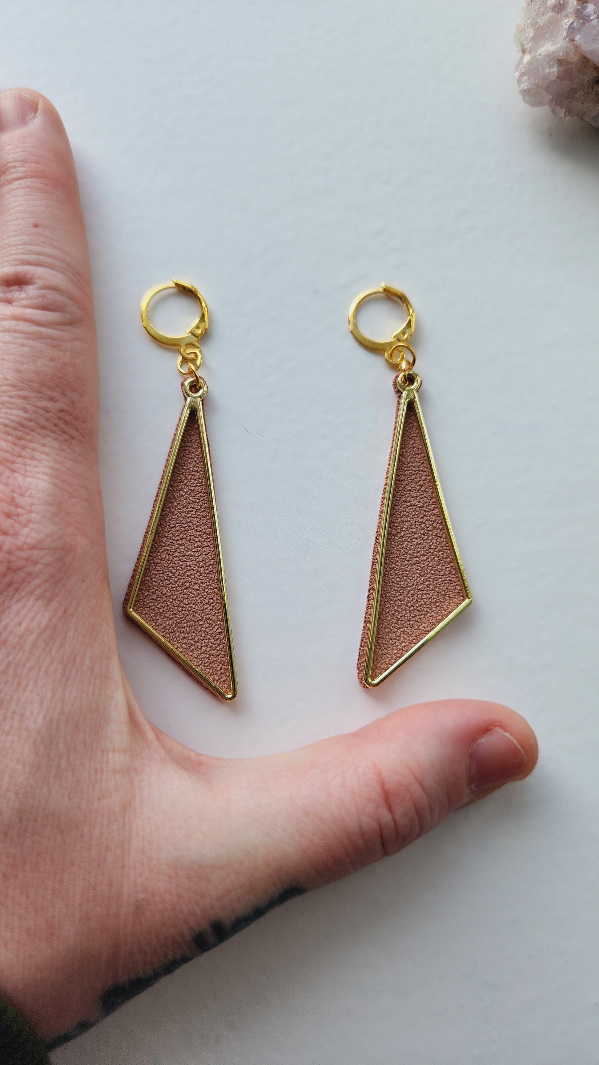 Embrace Embroidery Triangle Gold and Sued Dangle Earrings
