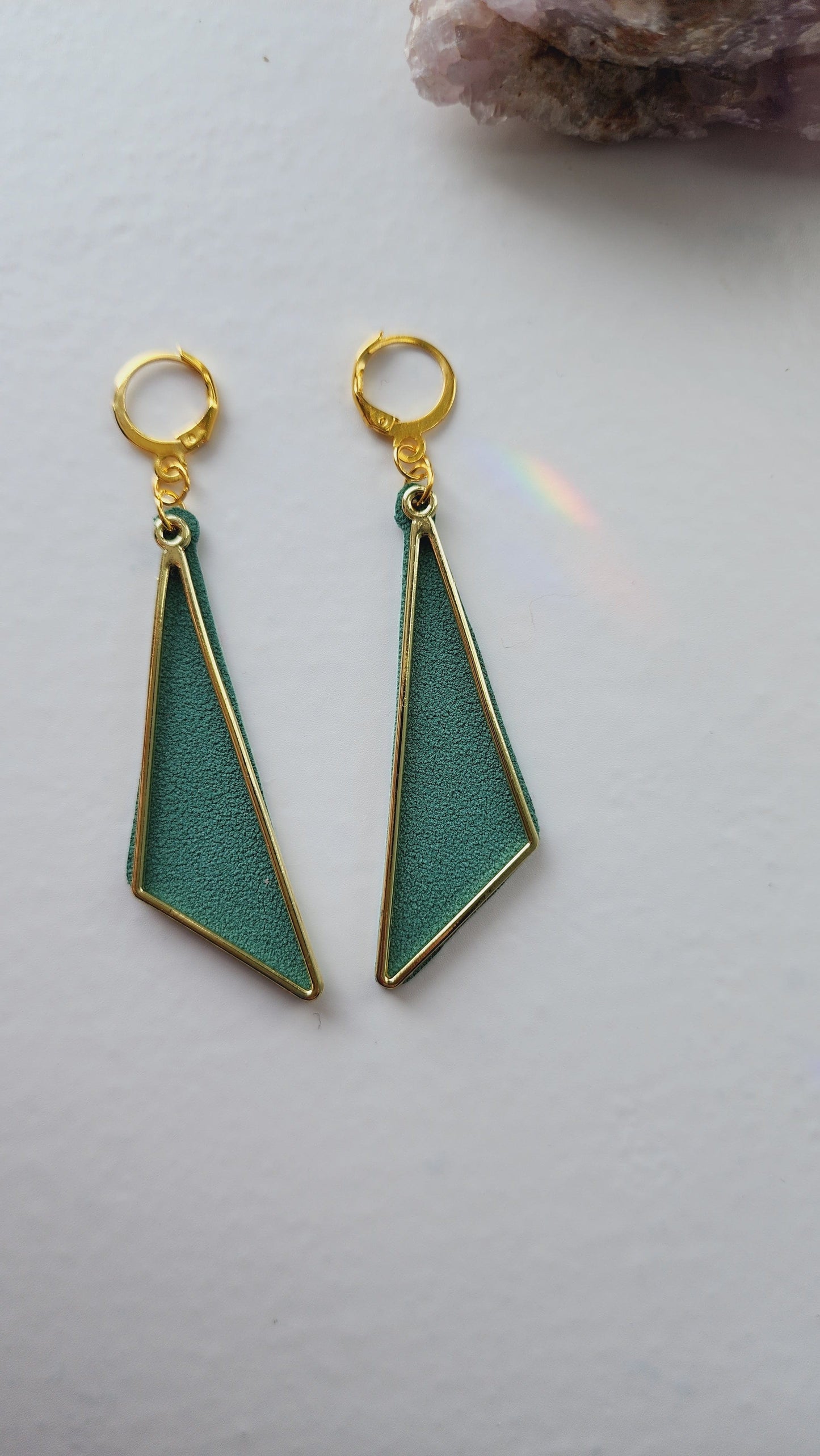 Embrace Embroidery Triangle Gold and Sued Dangle Earrings