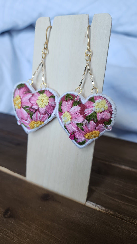 Embrace Embroidery Earrings Wild Flower Hand Embroidered Heart